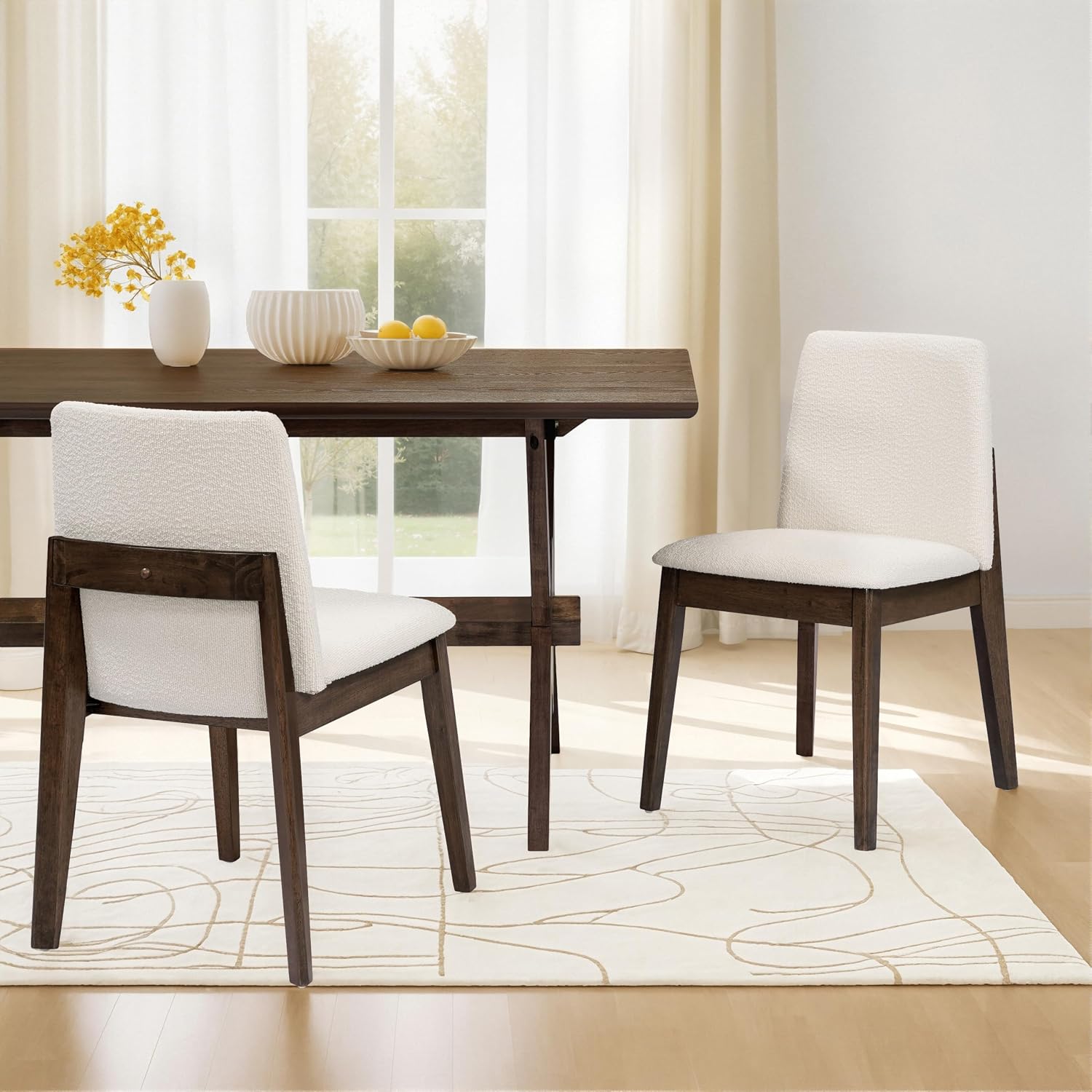 Christopher Knight Home Lucian Armless Dining Chairs Set of 2, Modern Dining Chair with Fabric Upholstery, Sturdy Wood Frame Kitchen Chairs, Extra Seat for Dining Room, Beige + Walnut