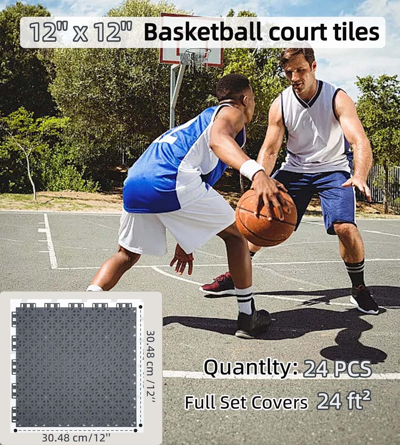 jxgzyy 24 pcs basketball court tiles, 5/8 inch thick interlocking sport outdoor floor tiles, non slip pp drainage mat for tennis court drain deck pool patio shower kitchen garage poach, light grey