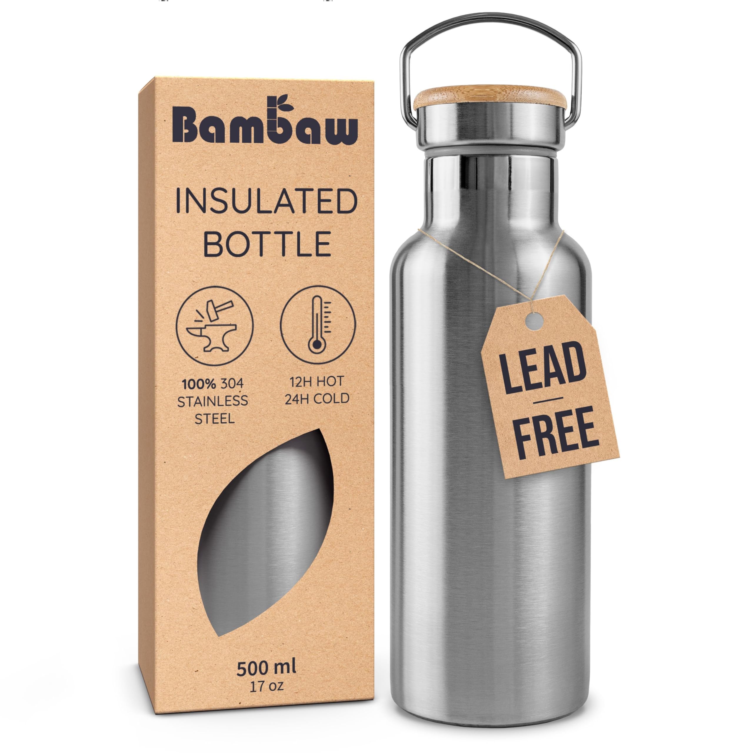 Bambaw Metal Insulated Water Bottle 16 oz | Stainless Steel Water Bottle Insulated | Reusable Water Bottle | Vacuum Insulated Water Bottle | Hot Water Bottle | Metal Water Bottle | Water Bottle 500 ml