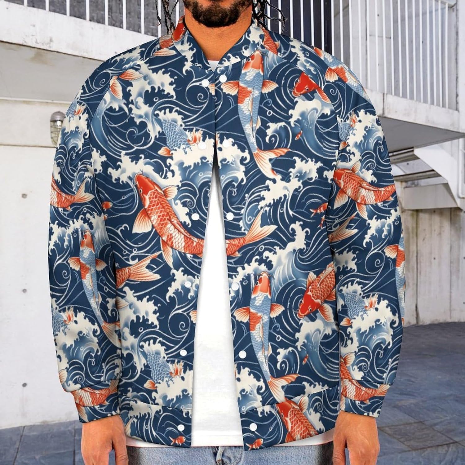 Japan Fish Waves Novelty Men's Baseball Jackets Causal Sweatshirt Button Top Long Sleeve Coat