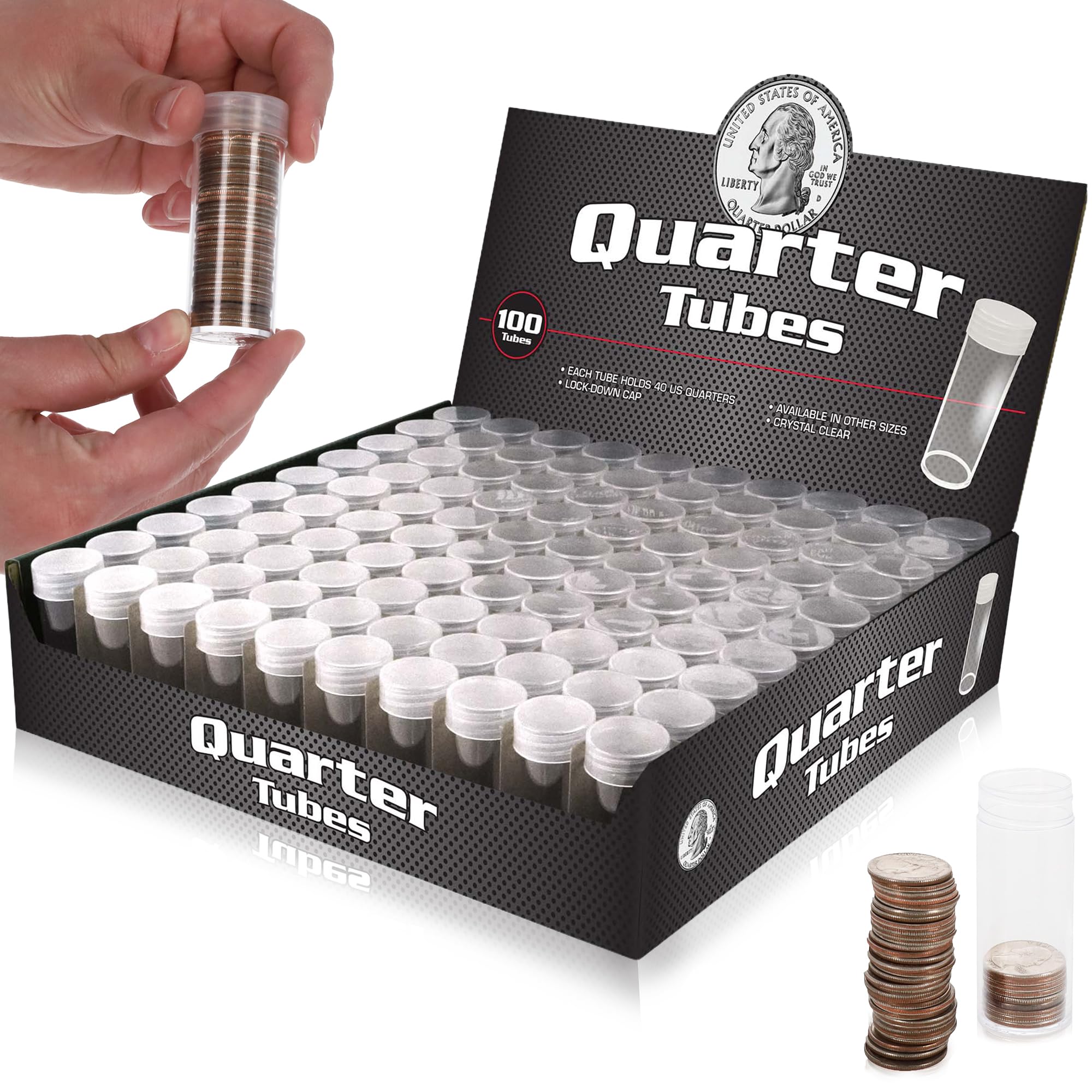 BCW Quarter Coin Storage Tubes - 100 Pack | Archival Quality Plastic Coin Holders, Screw-On Caps | Long-Term Coin Storage