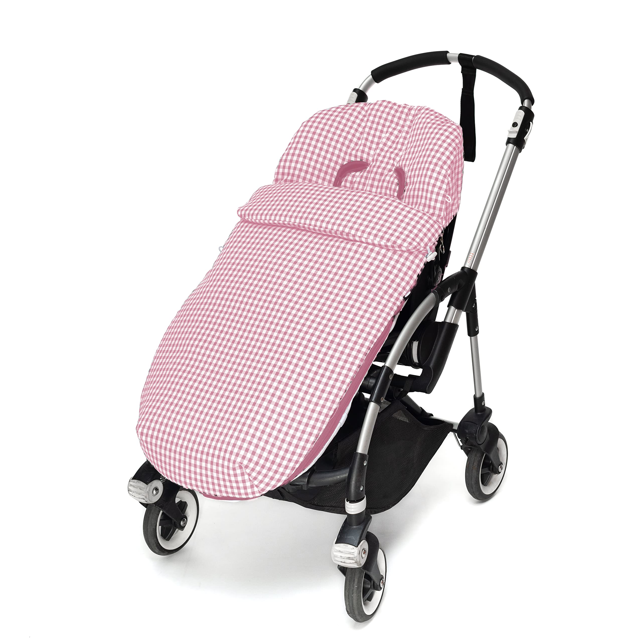 Conjunto de Saco Silla de paseo Universal + Bolso Panera Personalizada – Conjunto Saco Universal + Talega o bolsa para carrito bordada con nombre – Vichy Rosa maquillaje – Nenel