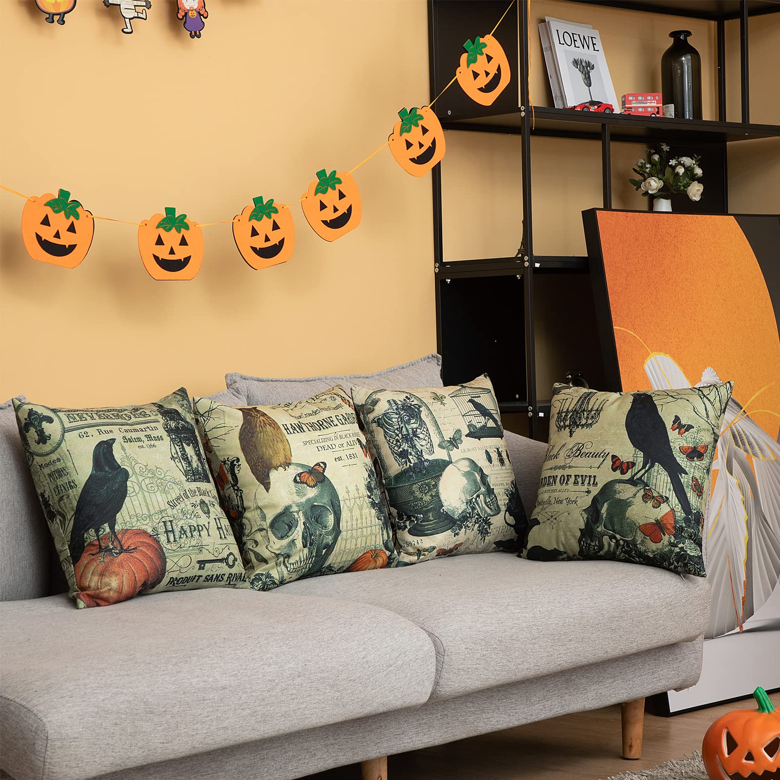 FARMNALL Halloween Pillow Covers Set Of 4 - 18x18 Inch Linen, Crows Witch Skull Retro Design - View #9