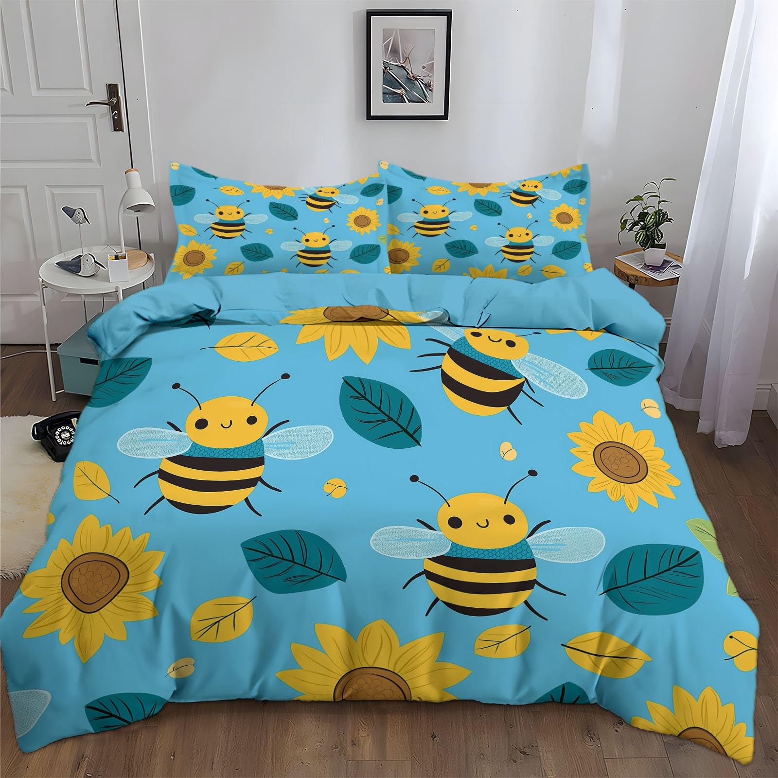 Duvet Cover King Size Cartoon Bee Sunflower Reversible 3 Pieces Duvet Cover Set, Bedding Set for All Season, Soft and Breathable Bedding Set with Zipper Closure