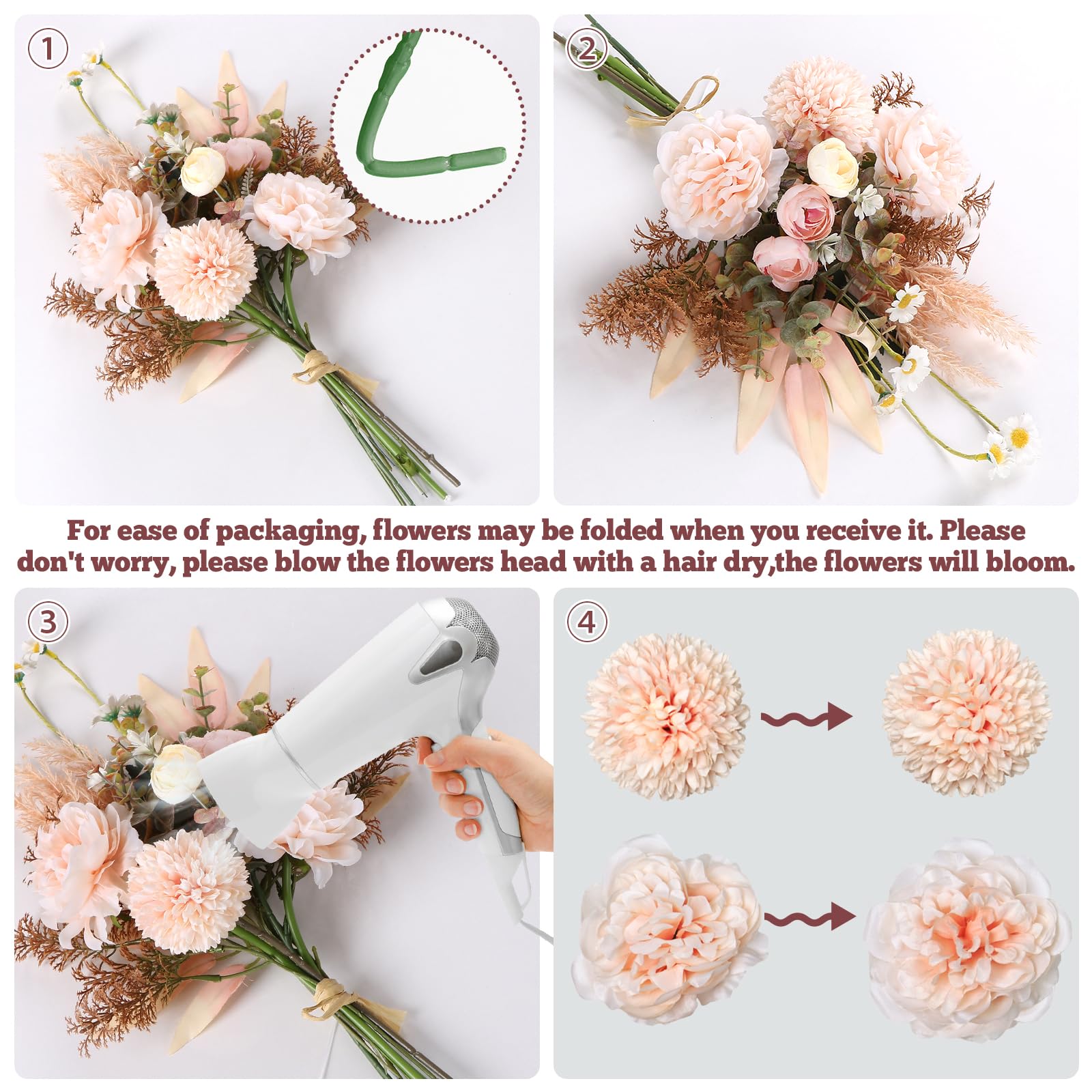 Bouquet Fleurs Artificielles Champagne – Hortensias & Pivoines En Soie, Arrangement Floral Élégant Pour Mariage, Maison & Décoration (Champagne)