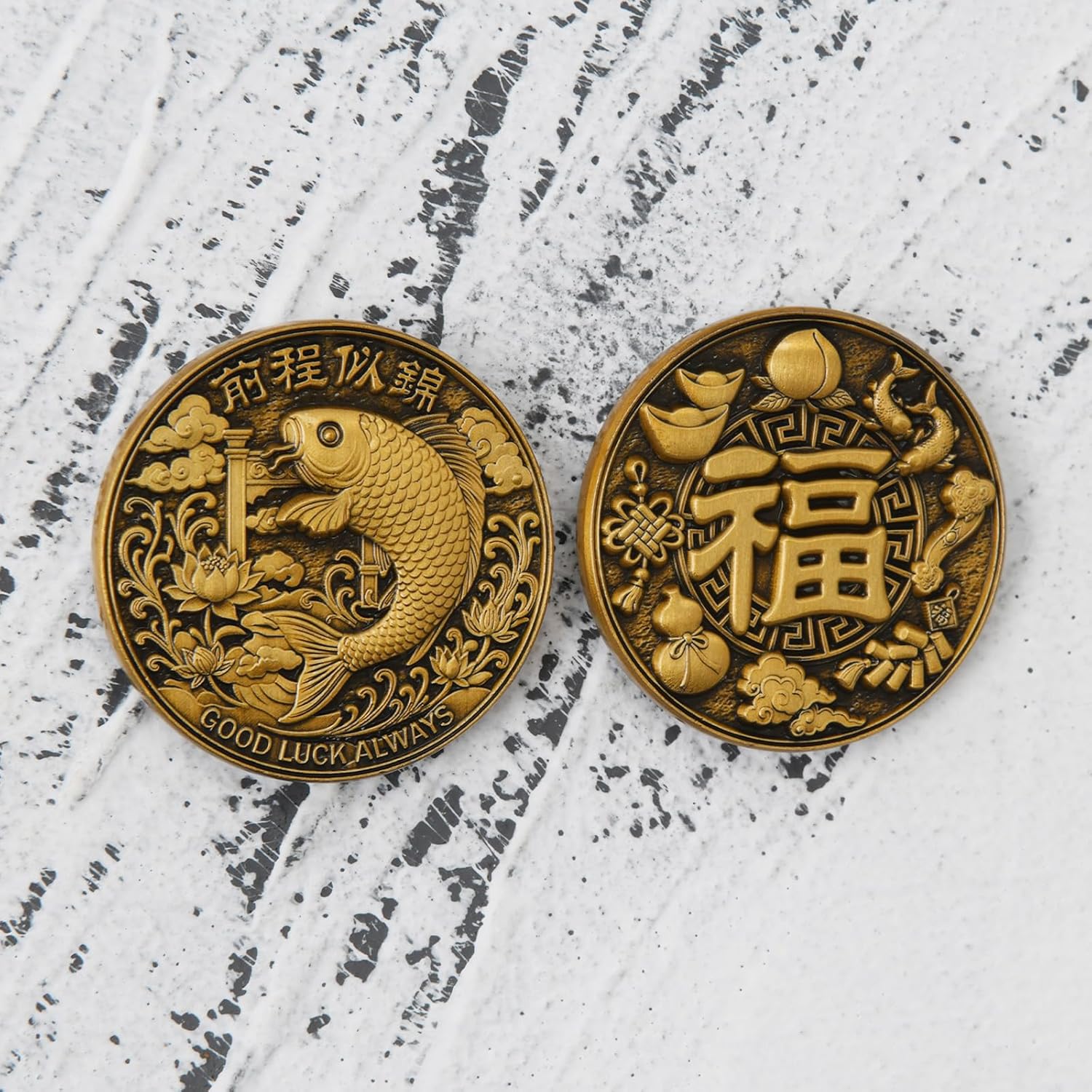 Lucky Coin with Koi Fish and Chinese Fu Symbol 5-Pack – Good Luck Charm for Prosperity & Success – Collectible Challenge Coins, Fortune Amulet, Lottery Ticket Scratcher Tool, Poker Card Guard Gift