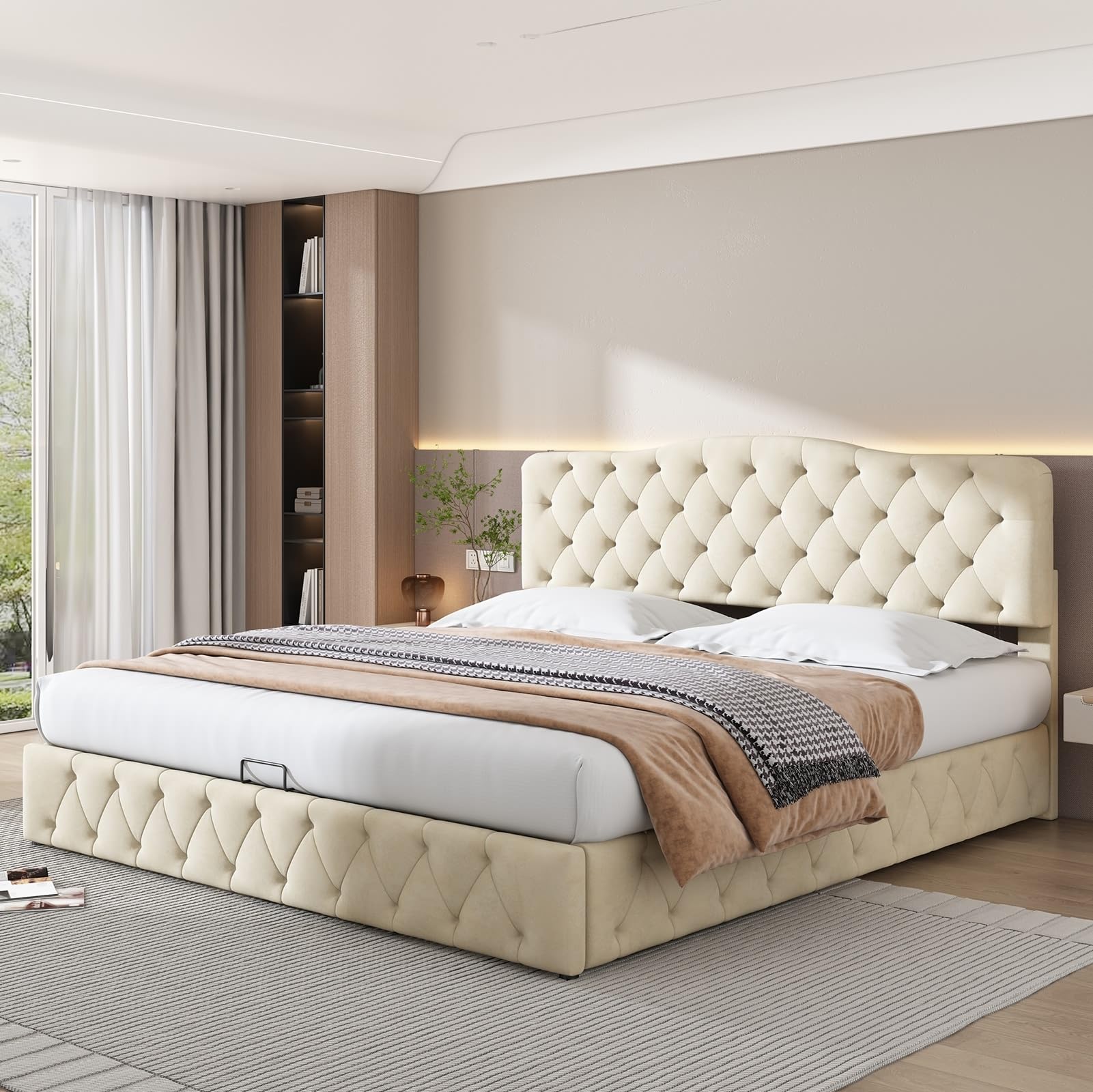 Polsterbett 180X200 Mit Lattenrost Und Kopfteil, Jugendbett, Polsterbett Mit Höhenverstellbares Kopfteil, Stauraumbett, Samt, Beige