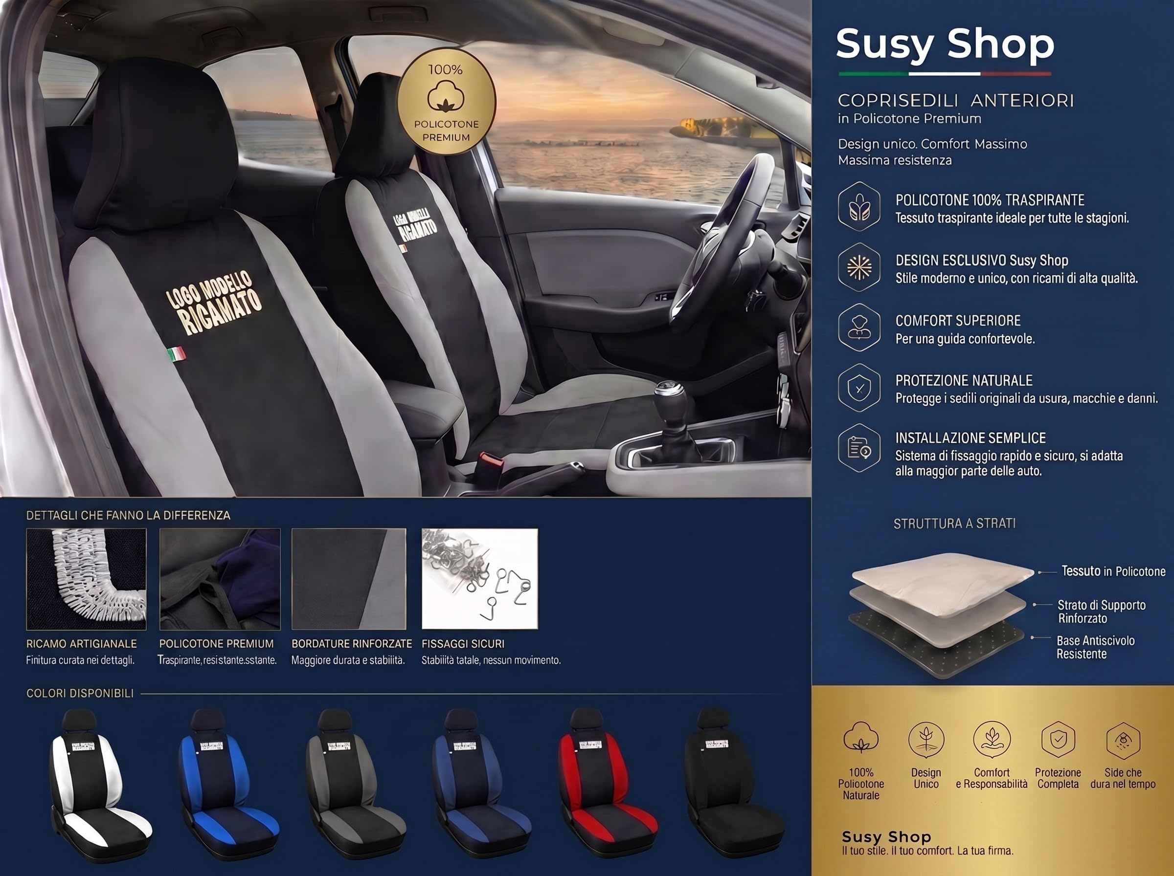 Susy Shop Coppia Di Coprisedili Anteriori Compatibili Per 500X, Set Fodere Auto In Policotone Con Logo Ricamato MADE IN ITALY (Nero/Nero)
