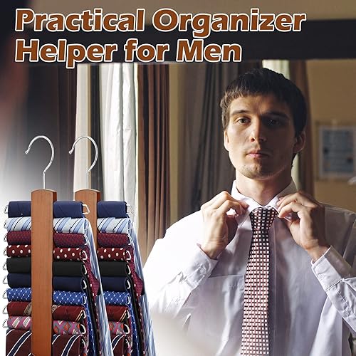 Miniatura 6 de Paquete de 4 corbatas de madera y colgador de cinturón para corbatas, soporte de madera de nogal, organizador central y estante de almacenamiento