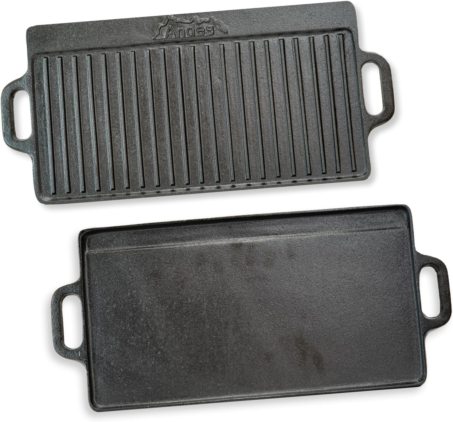 Andes Double Sided Cast Iron Griddle Plate with Handles, Ribbed Grill Pan/BBQ Skillet for Camping, 50 x 23cm