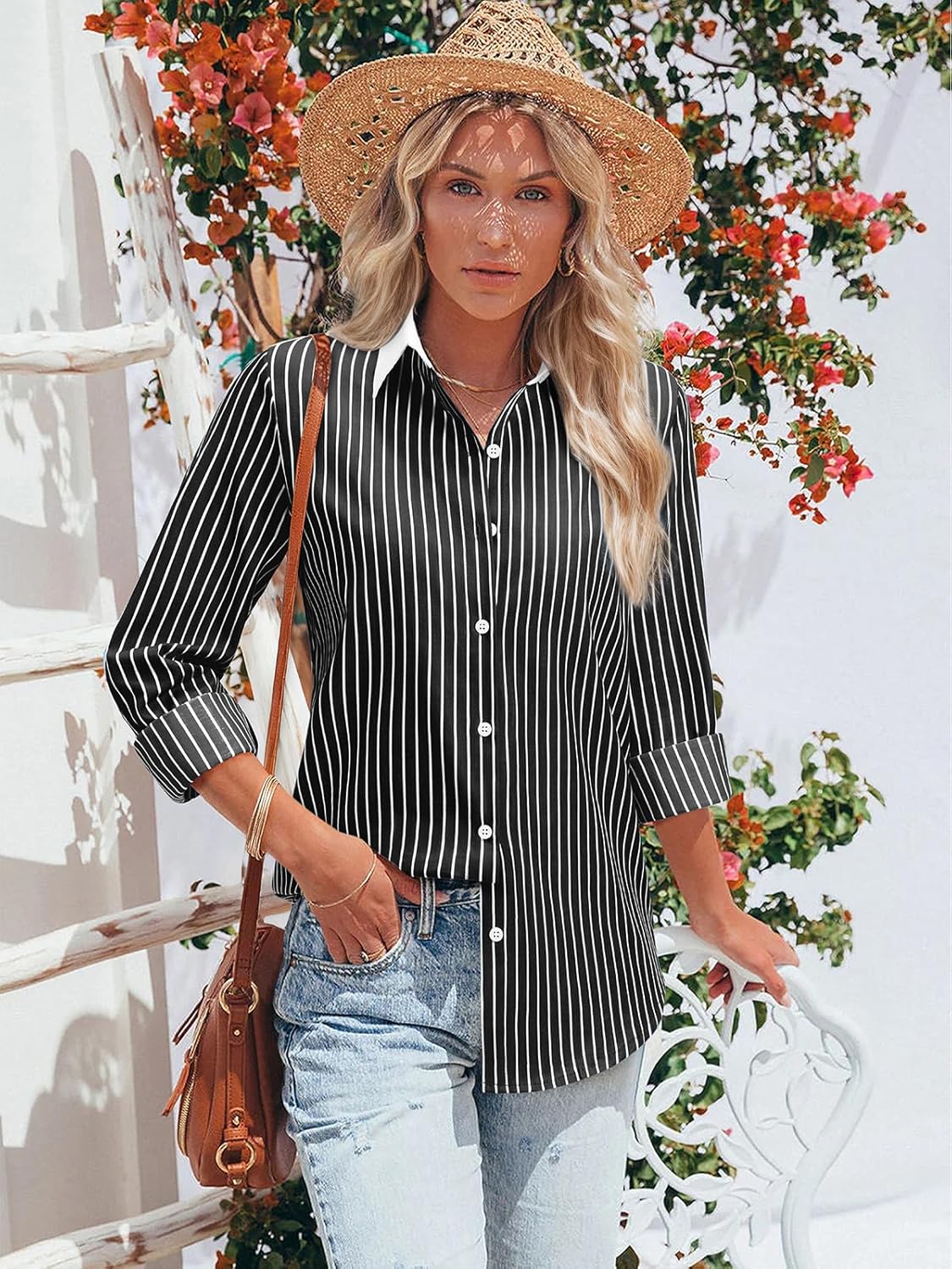 Striped Button Down Shirts for Women Cotton Dress Shirt Long Sleeve Collared Blouse Tops Business Office Attire - Image 3