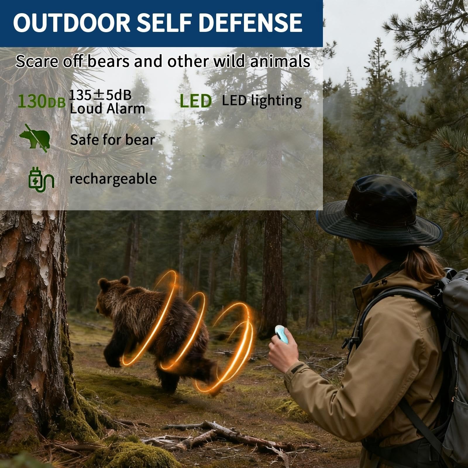 Clacson elettronico ricaricabile con allarme forte da 130 dB e luce stroboscopica a LED, corno di sicurezza personale ultra leggero per cani, escursionismo, campeggio, protezione della fauna selvatica