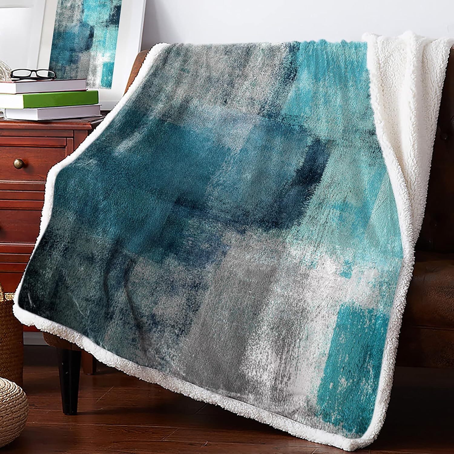Prironde Teal Turquoise and Grey Sherpa Fleece Throw