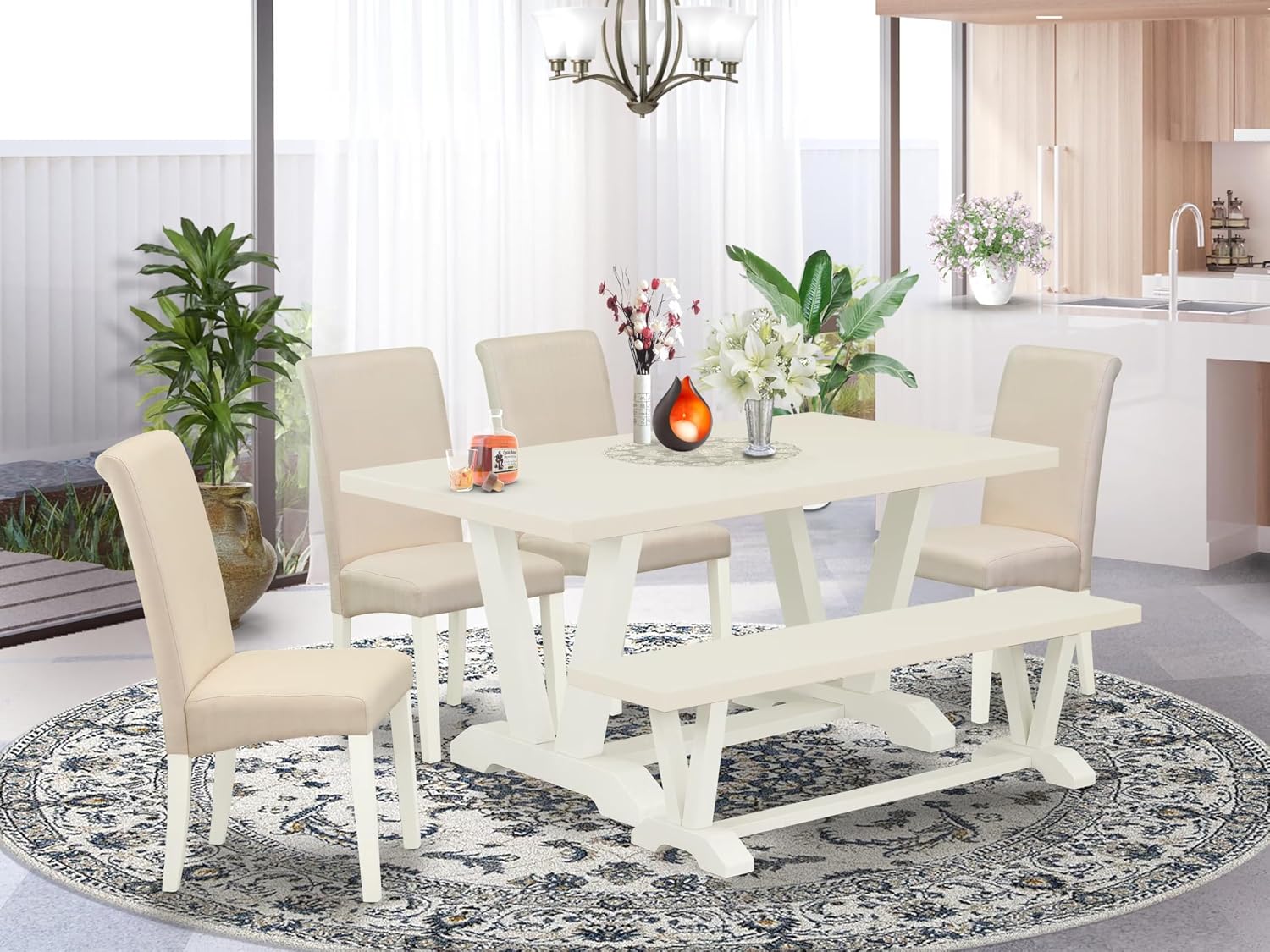 East West Furniture V026BA201-6 6 Piece Dining Table Set Contains a Rectangle Dining Room Table with V-Legs and 4 Cream Linen Fabric Upholstered Chairs with a Bench, 36x60 Inch, Multi-Color