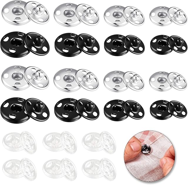100 Sets Sew on Snaps Fasteners Press Studs snap, 80 Sets Metal Snaps Button and 20 Sets Clear Press Stud, Sew on Snaps for Clothes DIY Craft 6 mm, 7 mm, 8.5 mm, 12 mm