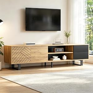 65 Inch TV Stand with Storage Cabinets and Drawers, Modern Wood and Black Entertainment Center with Geometric Carved Door Design, Slim Metal Legs Media Console for Living Room