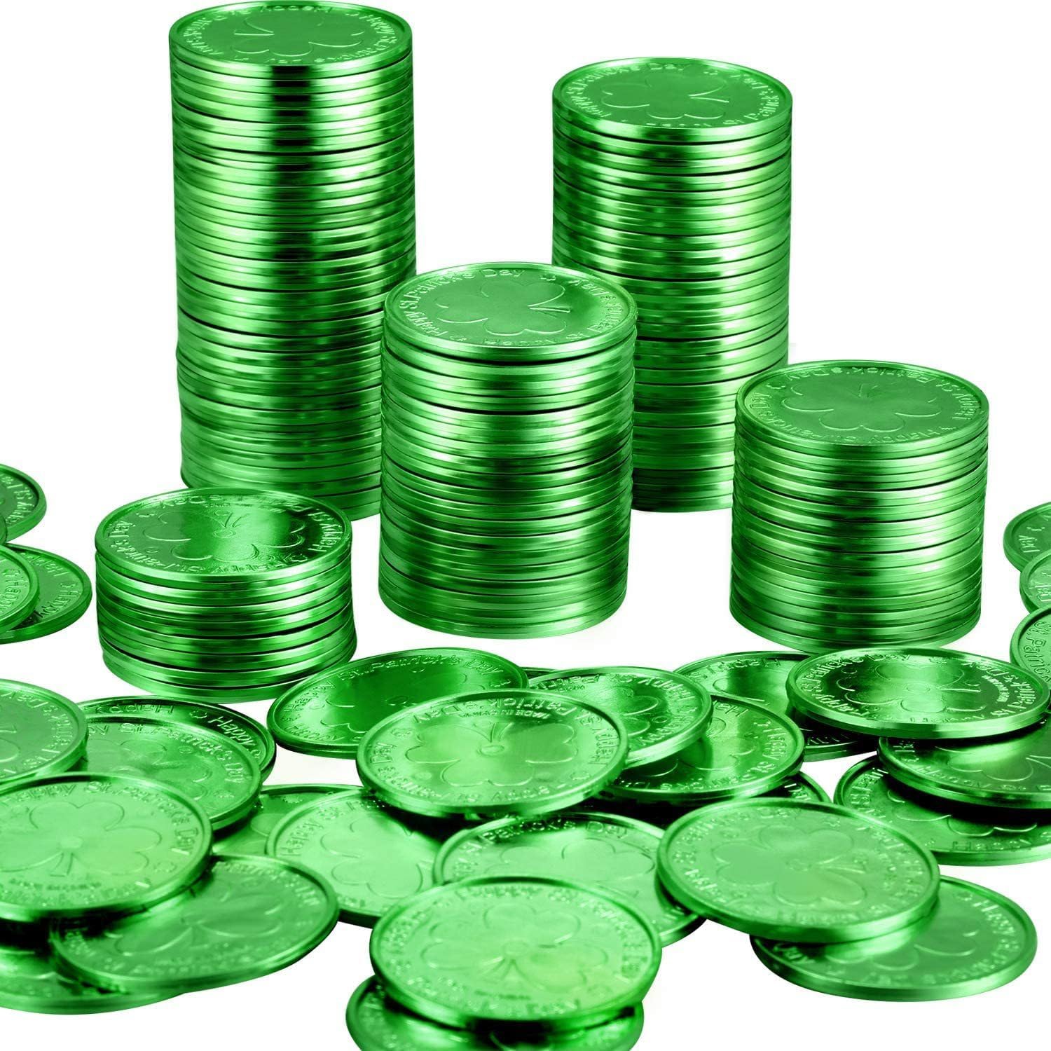 20 Pieces St. Patrick's Day Coins Plastic Shamrock Gold Coins Good Luck Saint Patrick's Day Coins 3 Leaf Coins for Pot, St. Patrick's Day Party Decorations (Green)