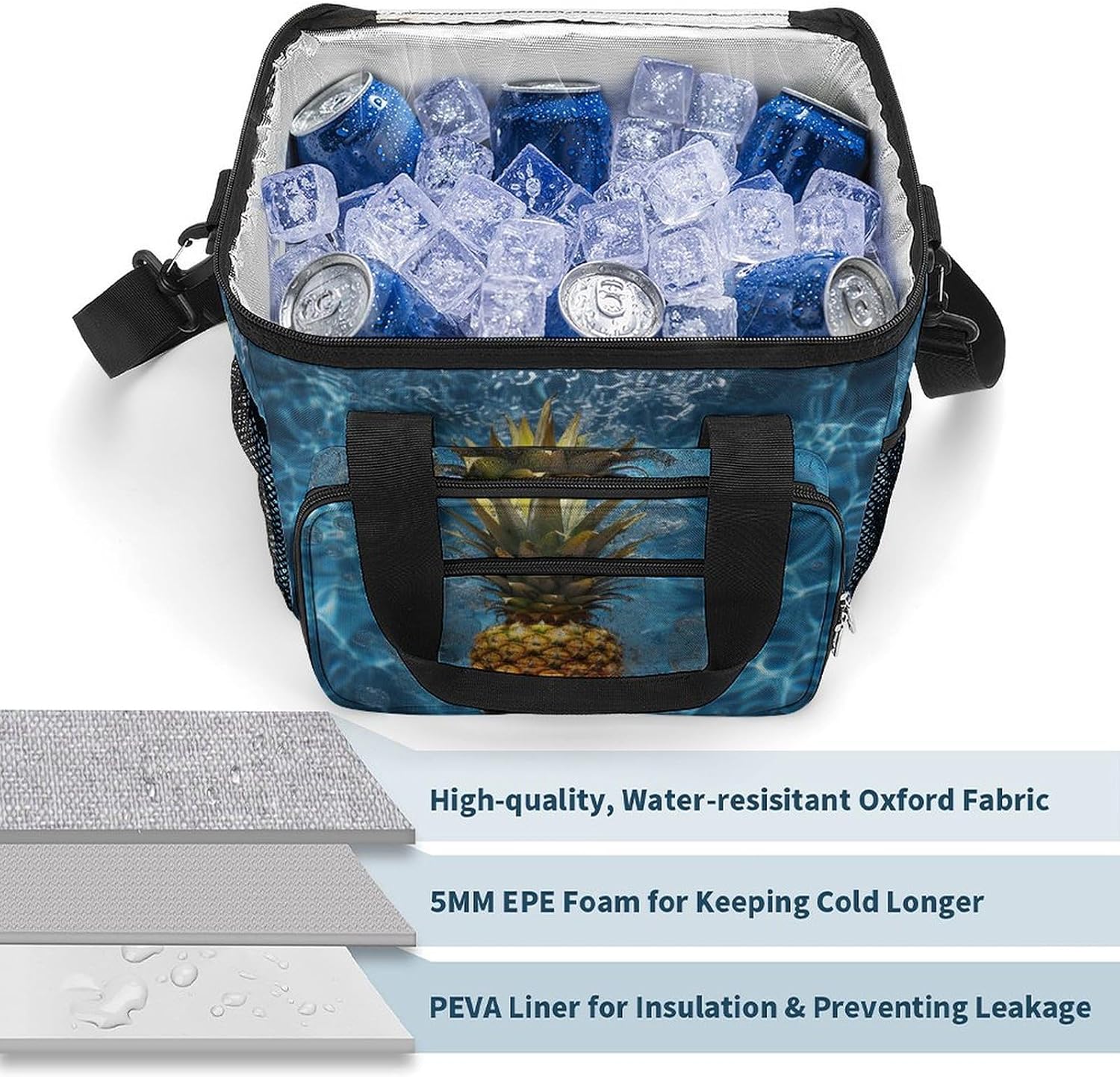 Large-Capacity Oxford Cloth Pineapple in The Pool Printed Camping Ice Bag, Outdoor Portable Insulation and Cold Storage Bag, Enjoy A Cool Camping Time
