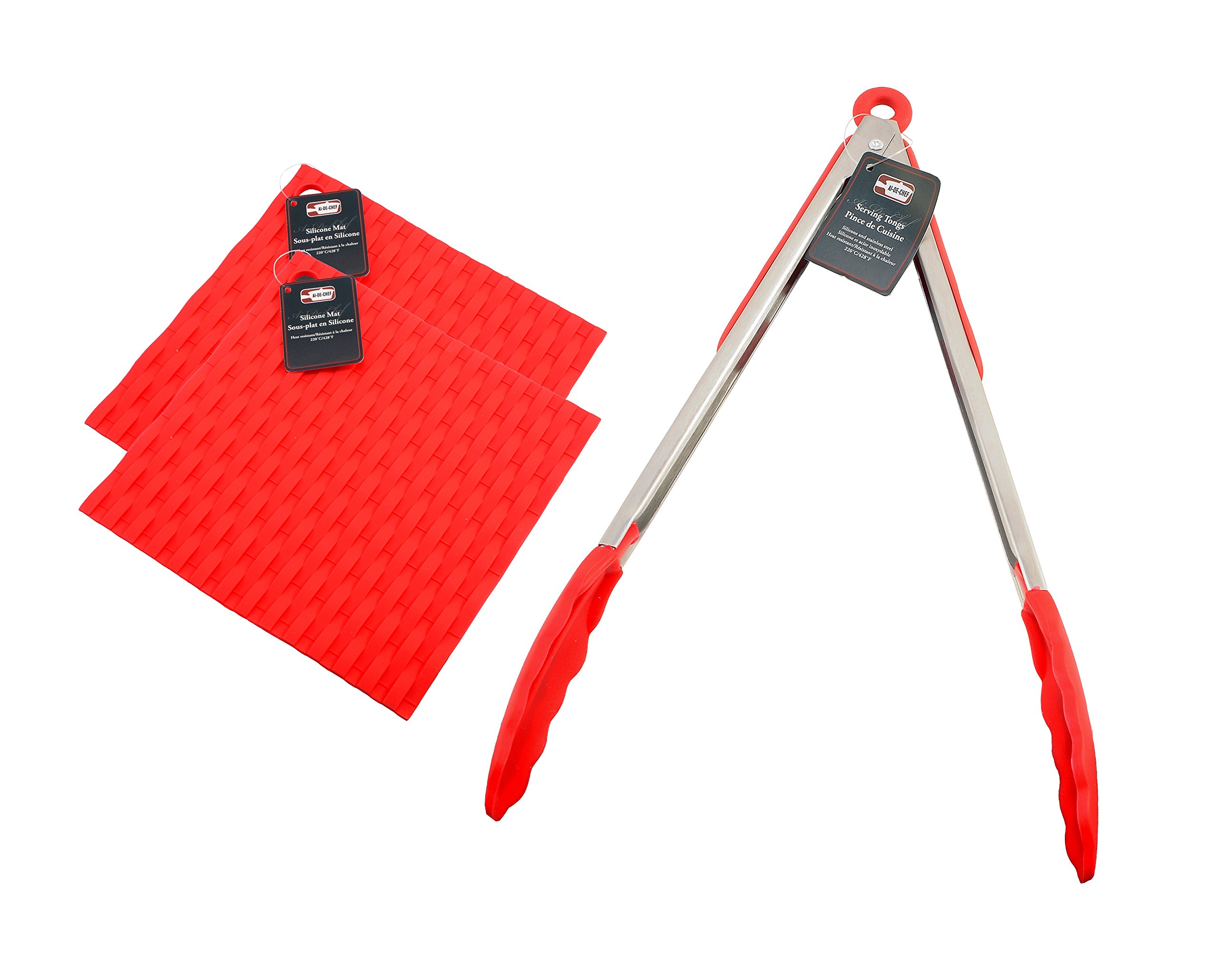 Non-Slip and Non-Stick Cooking Tongs, Silicone Tips and Locking Head - Silicone Pot Holder Jar Opener, Trivet Mat, Spoon Rest, Garlic Peeler - Heat Resistant up to 428ºF. By Ai-De-Chef (3-Pack, Red)