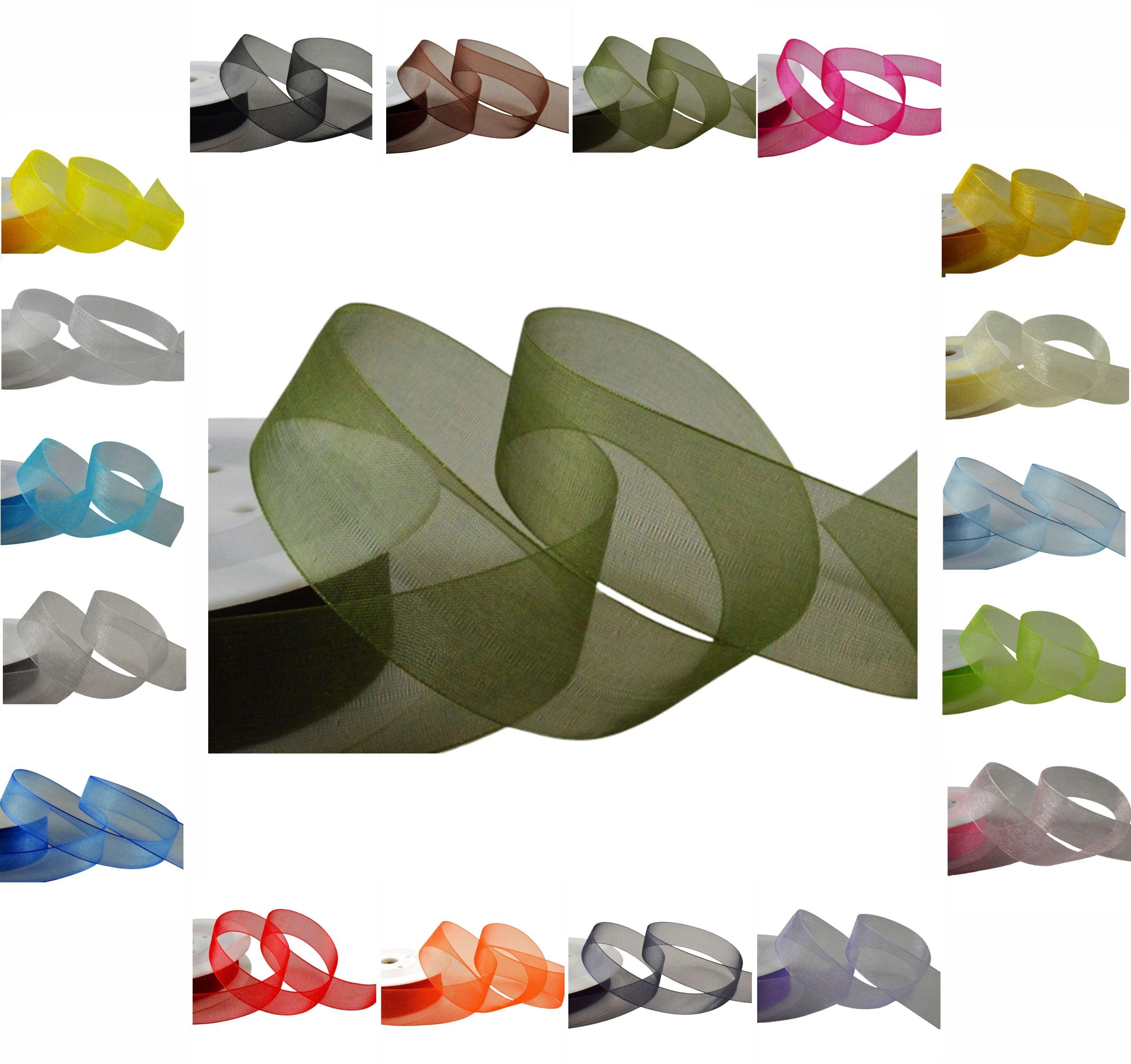 50m / 25m Roll Luxury Organza Woven Edge Ribbon Reel Rolls 3mm, 9mm, 15mm, 25mm, 40mm (Dark Green, 25mm x 25 Metres)