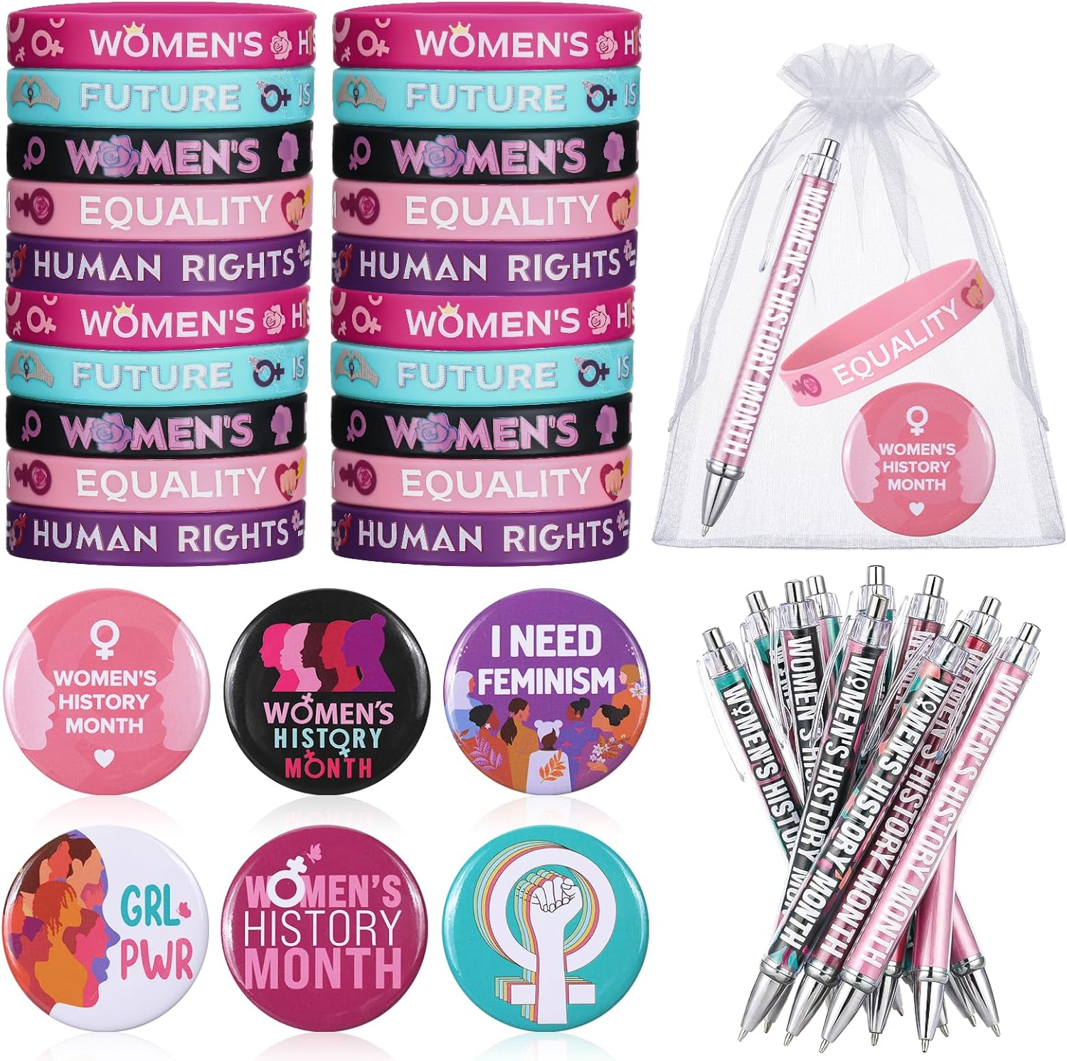 Cunno 200 Pcs Women's History Month Accessories Set Include Women Empowerment Feminist Silicone Bracelet Pens Pins Gift Bags for Campaign Support Female Awareness Inspirational Party Decor supplies