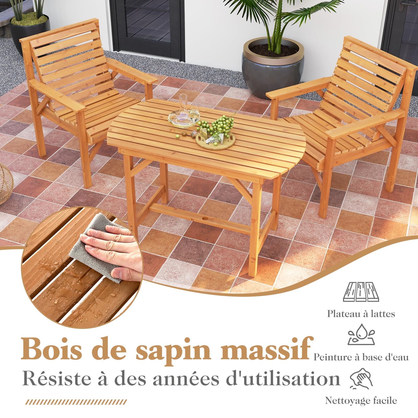 GOPLUS Table de Jardin en Bois de Sapin Massif 100X60X75 CM, Table de Salle à Manger Extérieure avec Trou de Parasol de 4 cm pour 4-6 Personnes, pour Pelouse, Patio, Jardin, Charge 180 KG