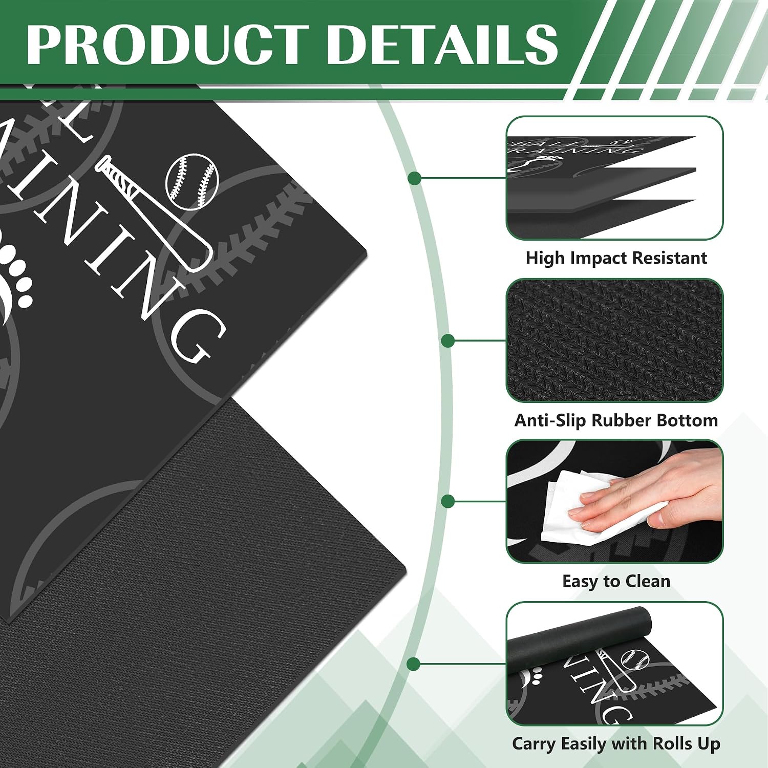 Baseball Hitting Mat, Baseball & Softball Batting Training Mat with Swing Trainer Bands, Portable Non-Slip Baseball Training Equipment for Swing & Stance Practice Indoor/Outdoor