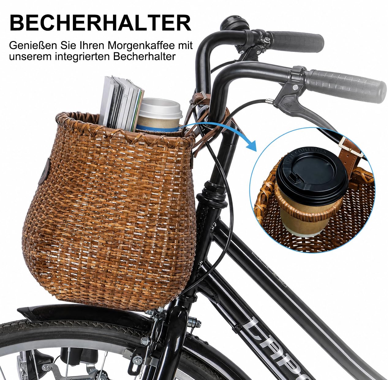 CXWXC Fahrradkorb – Handgefertigte Rattan-Fahrradkörbe für Mädchen und Frauen – Fahrradkorb vorne mit Kaffeetassenhalter für Beach Cruiser, Roller, Ebike
