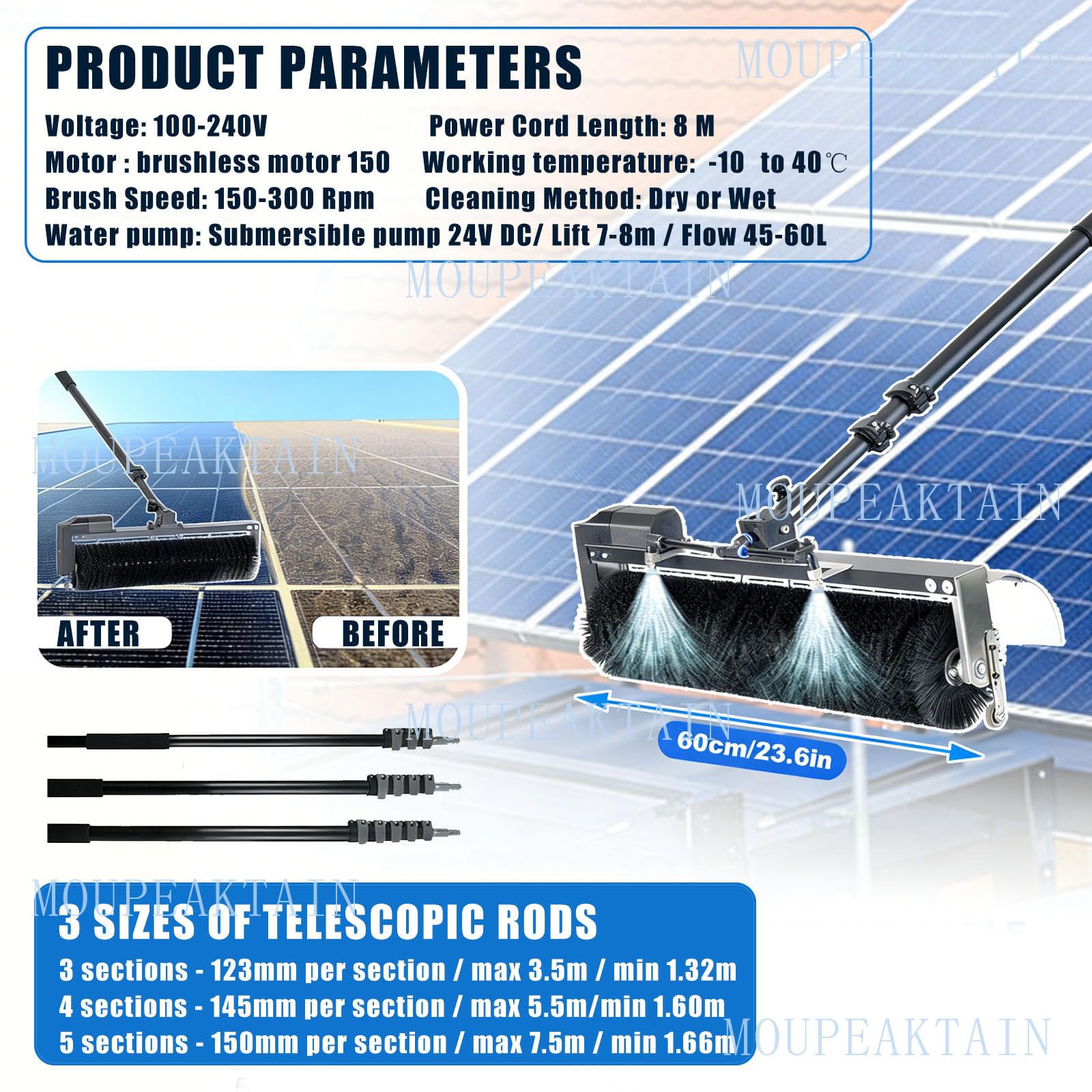 Elektryczna szczotka do czyszczenia paneli słonecznych z drążkiem, silnik 350 obr./min, głowica szczotki 60 cm, tryby czyszczenia na sucho/mokro, system słupów zasilanych wodą do paneli słonecznych
