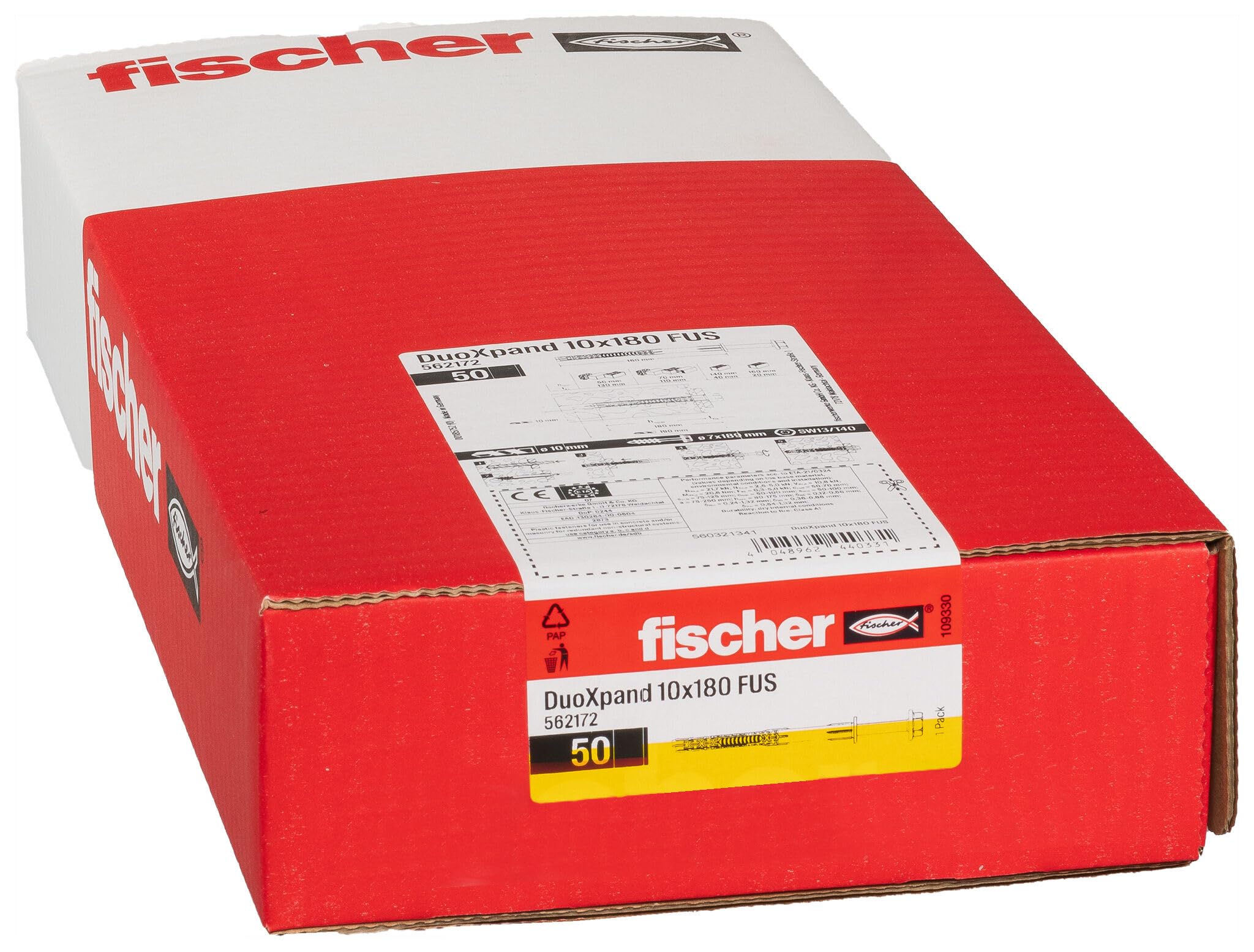 fischer DuoXpand 10 x 180 FUS, hochwertiger Universaldübel mit Sechskantschraube & angeformter U-Scheibe (50 Stk.), Dübel für starken Halt, ideal für poröse Baustoffe & randnahe Verankerungen