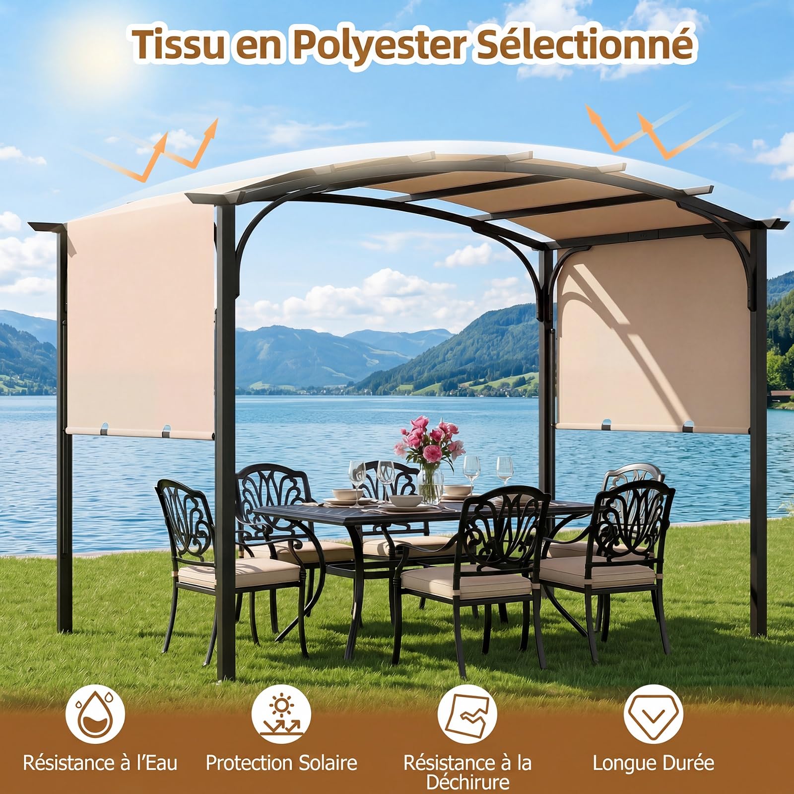 COSTWAY 305 x 242 CM Pergola Rétractable, Pergola de Jardin Extérieur avec Toit Courbé, Cadre Métal, 8 Piquets, Toile Polyester Anti-Soleil, Abri pour Terrasse, Patio, Piscine, Design Moderne (Beige)