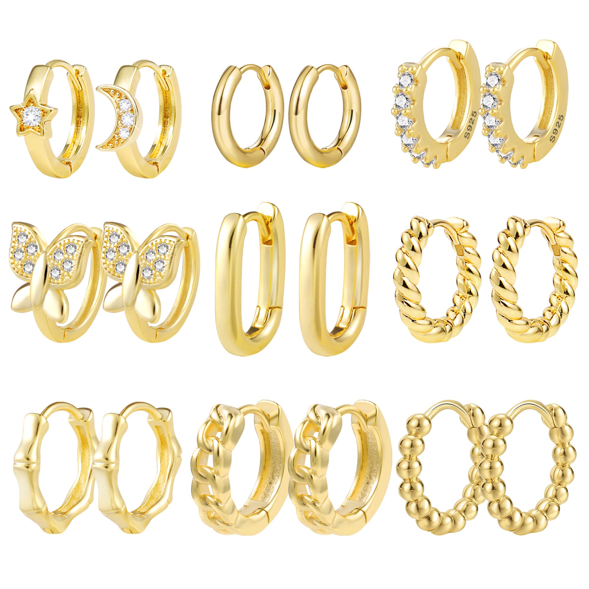 ALEXCRAFT Piccoli Orecchini a Cerchio, Orecchini Per Polsini Auricolari Da Donna, Orecchini a Cerchio Intrecciati Da Donna, Orecchini a Cerchio Spessi Vintage Ipoallergenici In Oro e Argento (9 Paia)
