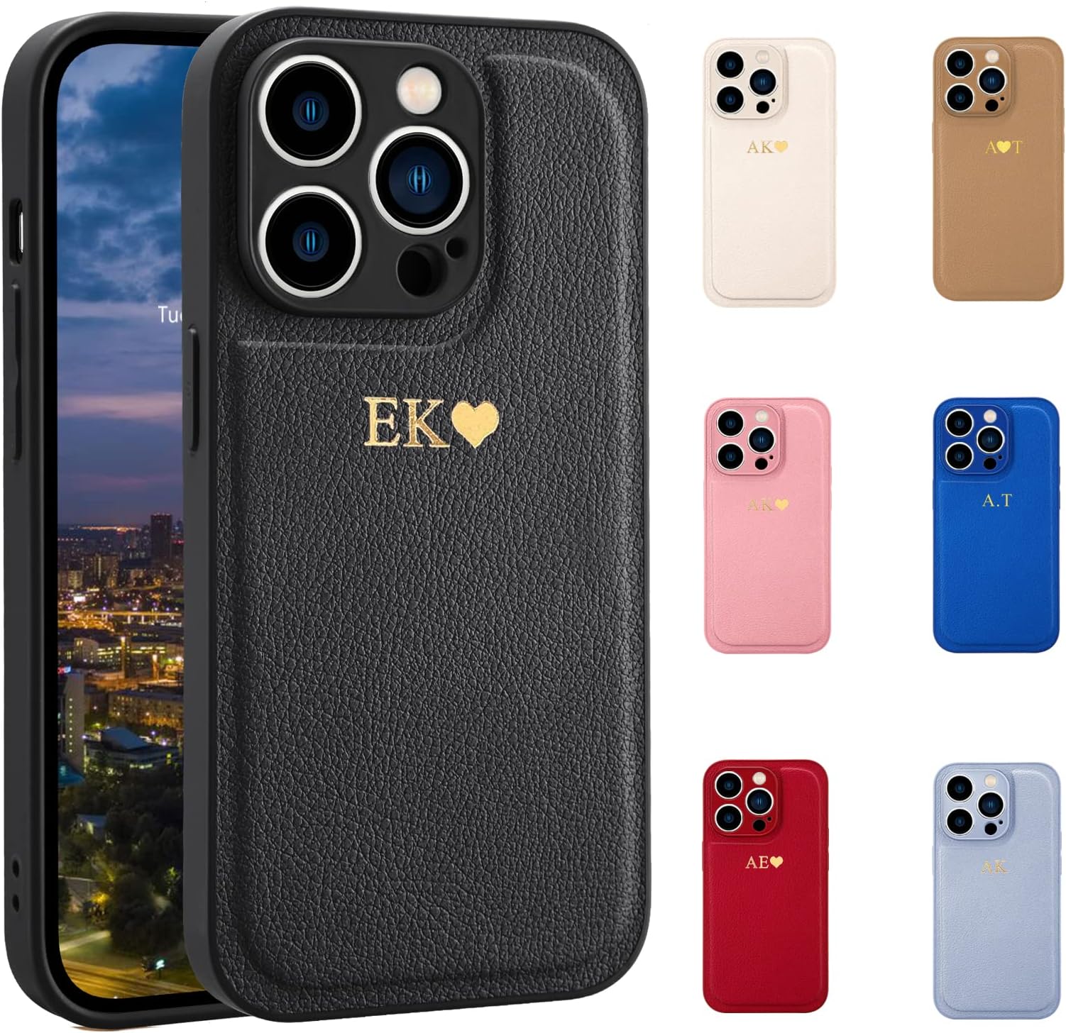 MAYCARI Personalized Gold Initial Letters Leather Phone Case for iPhone 17 16 15 14 13 12 Pro Max 11 Mini Xr Xs X 7 8 Plus SE Custom Handmade Embossed PU Leather Phone Case Birthday Custom Gifts
