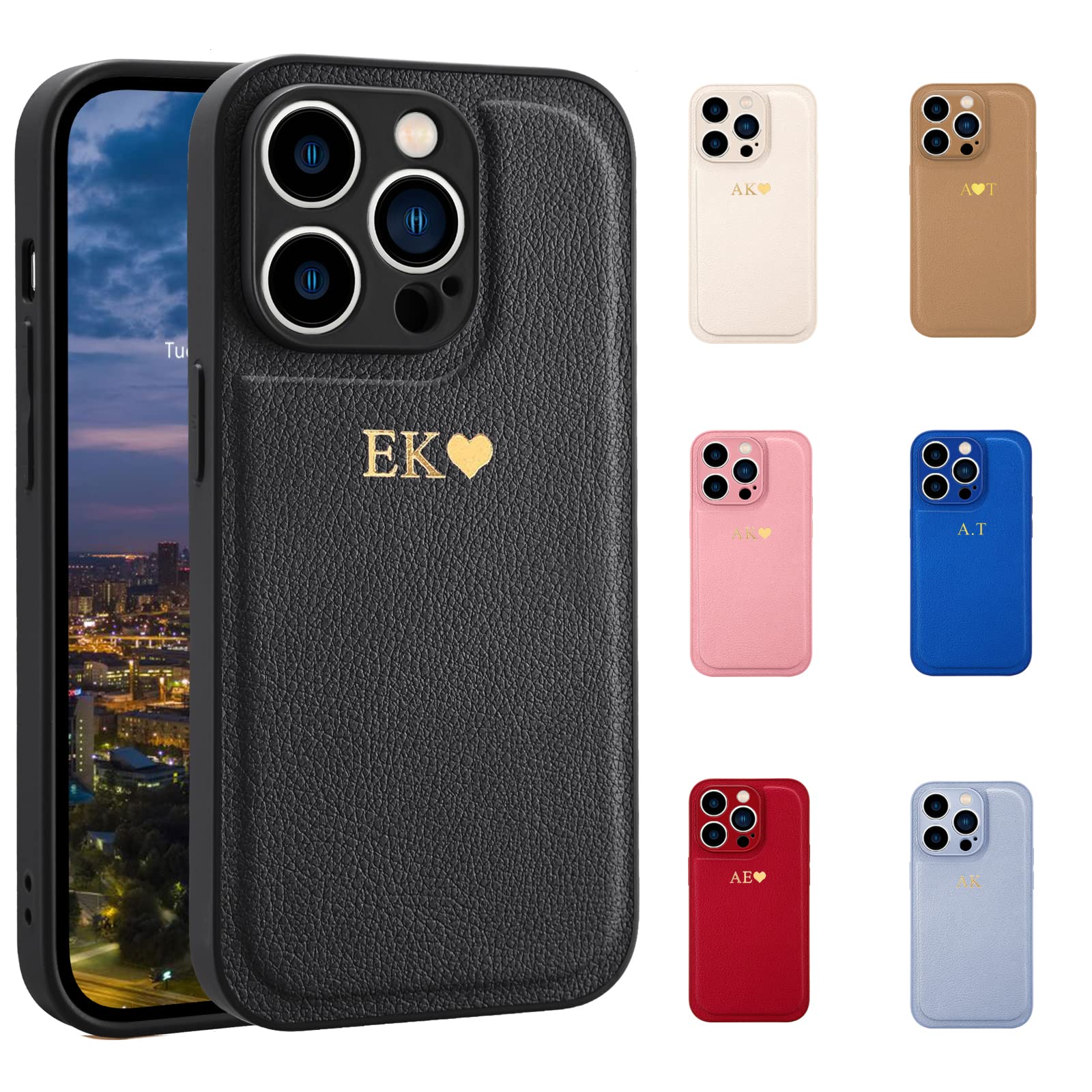 MAYCARI Personalized Gold Initial Letters Leather Phone Case for iPhone 16 15 14 13 12 Pro Max 11 Mini Xr Xs X 7 8 Plus SE Custom Handmade Embossed PU Leather Phone Case Birthday Christmas Custom Gift