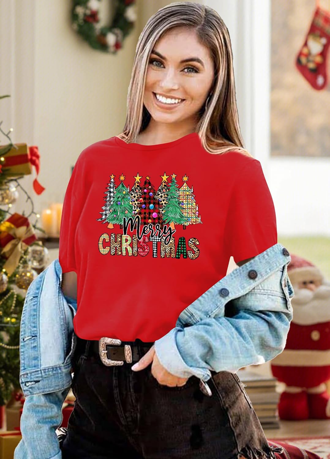 Christmas Tree Shirt for Women Merry Christmas Printed T-Shirts Leopard Plaid Short Sleeve Holiday Tee Xmas Gift Tops - Image 4