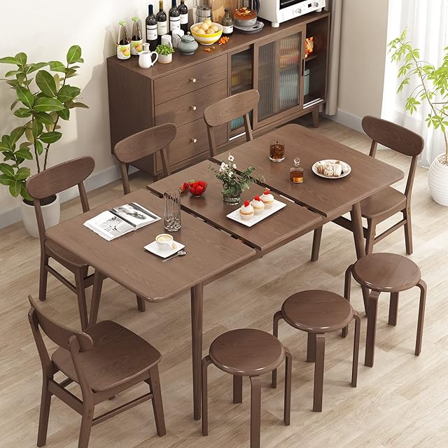 KungFuWood Dining Table, Retractable Unique Design with Self-Lifting Table Top, Comfortable for Siting 6 or 8 People,Sturdy and Easy Assembly for Kitchen and Living Room(Walnut Brown)