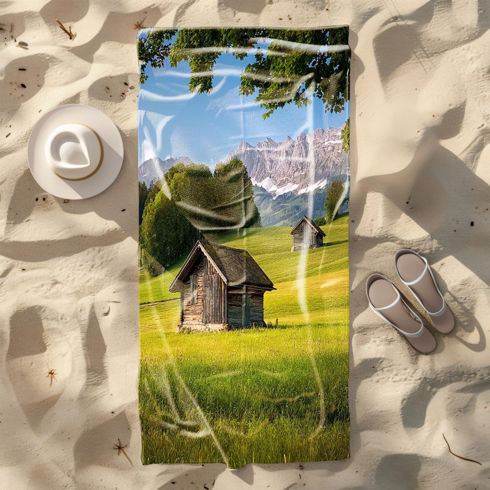 Générique Serviette de Plage 100X200 Maison Marron Lumière Verte Serviette Bain Microfibre Anti Sable Grande Couverture Plage Absorbante Rapide pour Piscine Yoga Sport