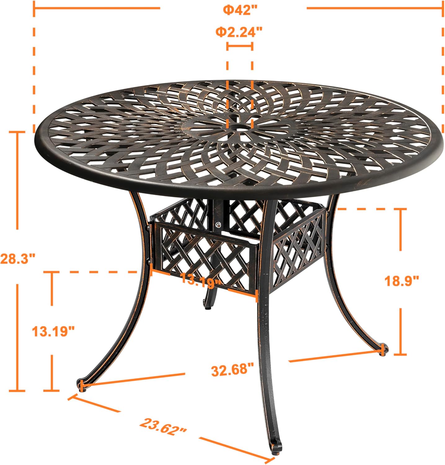 NUU GARDEN 42 Inch Patio Dining Table, Cast Aluminum Patio Table with Umbrella Hole, Round Outdoor Bistro Table for Backyard, Garden, Porch, Antique Bronze