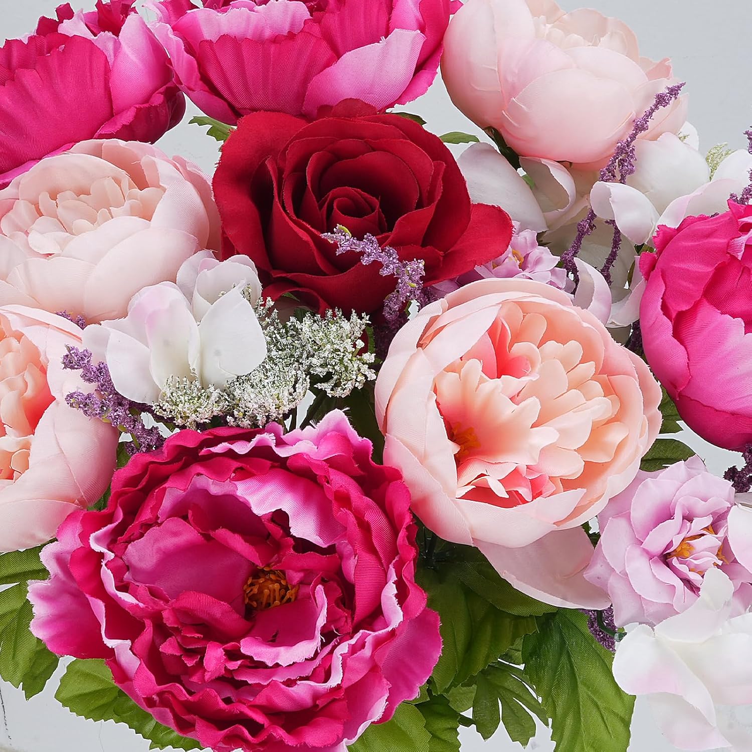 Spring Cemetery Flowers for Grave, 2 Bundles 18'' Artificial Memorial Flowers for Gravesite, Fake Silk Peony Red Rose Purple Lavender Bouquet for Outdoor Decor Kitchen Table Wedding Centerpiece