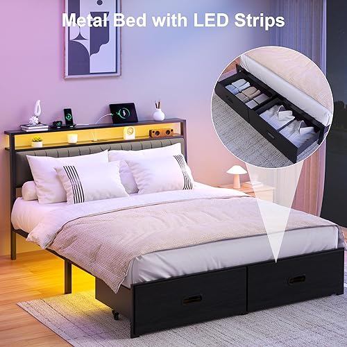 Miniatura 6 de Base de cama Queen con 2 cajones, marco de cama de plataforma con luces LED y estación de carga, cabecera tapizada, listones de metal resistente, no