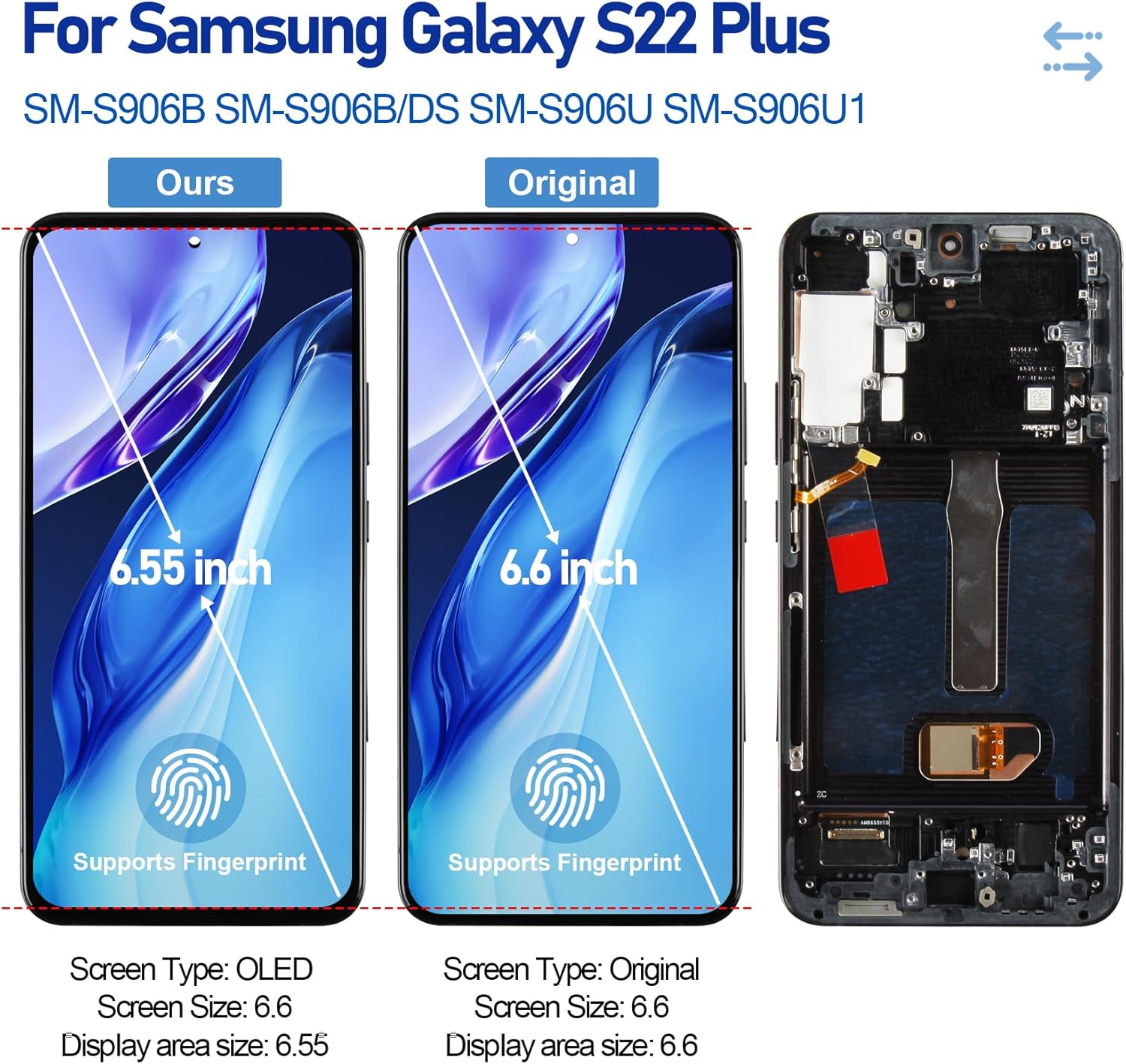 OLED for Samsung Galaxy S22 Plus 5G Screen Replacement SM-G906U, SM-G906A, SM-G906W 6.6" LCD Display Touch Digitizer Assembly with Tools | US Version | Black with Frame