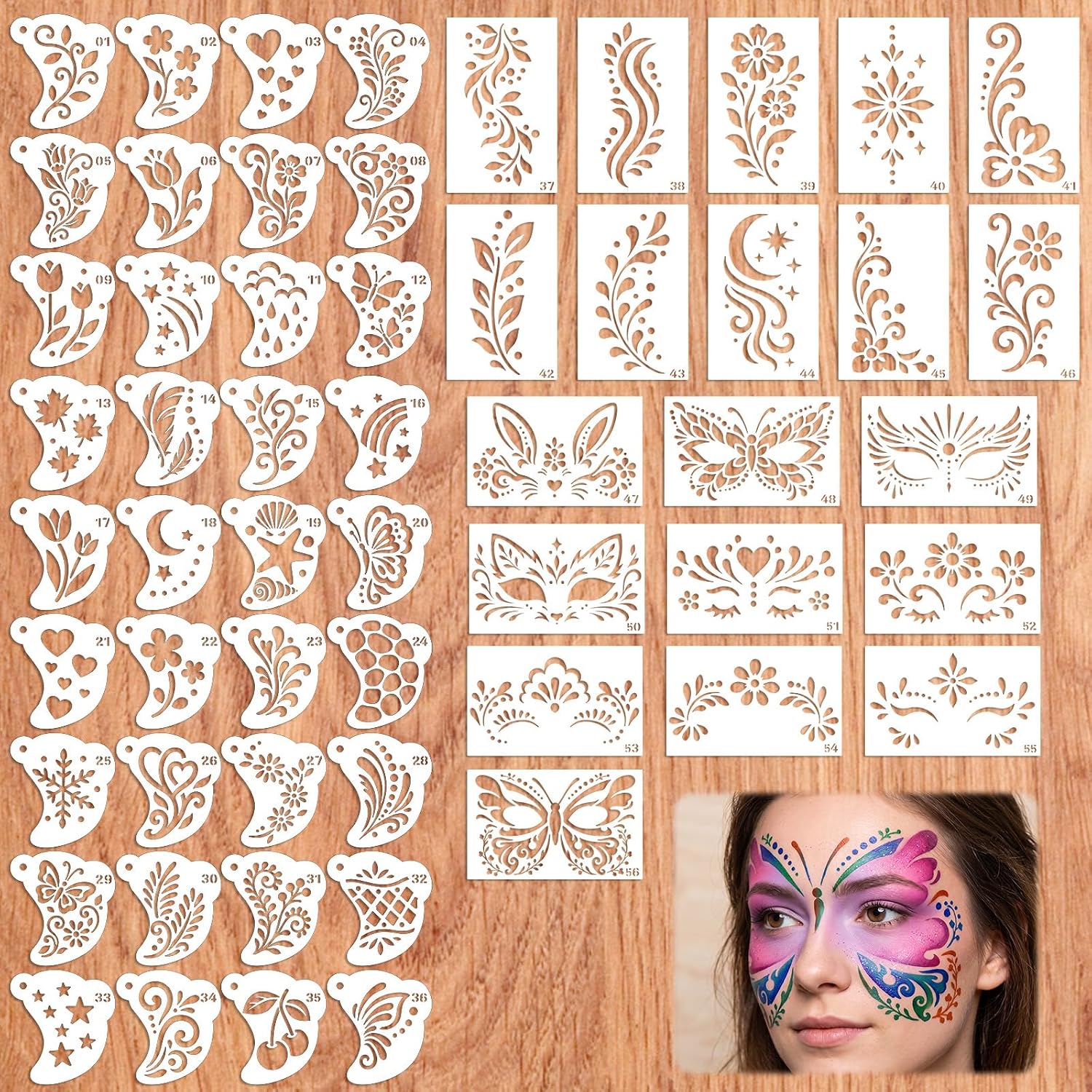 56pcs Reusable Face Paint Stencils, Tattoo Stencils for Painting