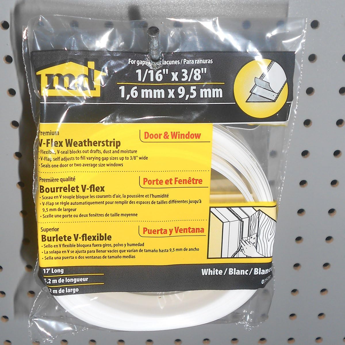 M-D Building Products 3525 M-D 0 V-Flex Weather-Strip with Adhesive Back, 17 Ft L X 7/8 in W, Polypropylene, 1 Pack, White - Duct Tape - 