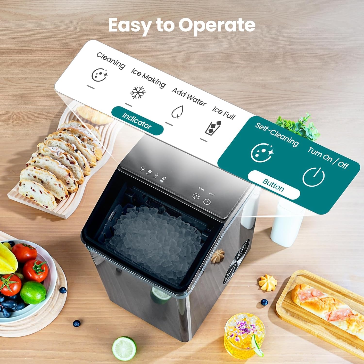 Gevi KNOVA Nugget Ice Maker Countertop, 40lbs/24H Self-Cleaning Portable Pellet Ice Machine, Stainless Steel Sonic Ice Maker for Home Kitchen, Office