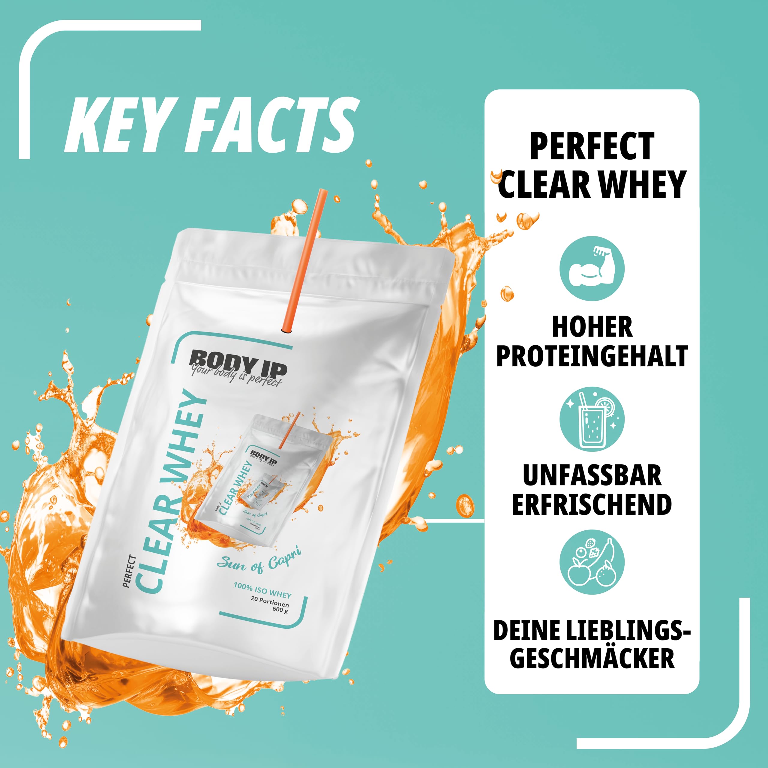 BODY IP Perfect Clear Whey Protein Pulver | Sun of Capri | Eiweißpulver für Protein Shake & Muskelaufbau | Schnelle Aufnahme & gute Löslichkeit | Hoher BCAA Anteil & Eiweißgehalt | 21 Portionen | 600g