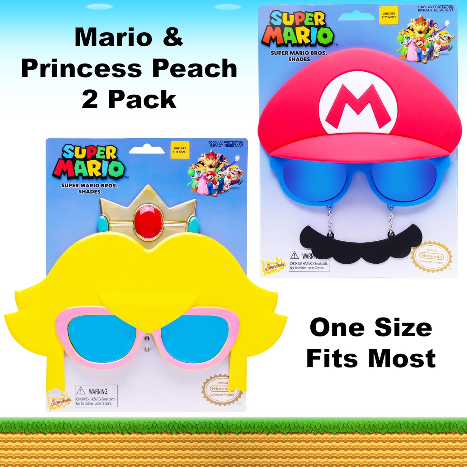 Sun-Staches Official Super Mario Sunglasses | Mario Luigi Peach Bowser Yoshi Wario or Waluigi Costume Accessory | Fits Most