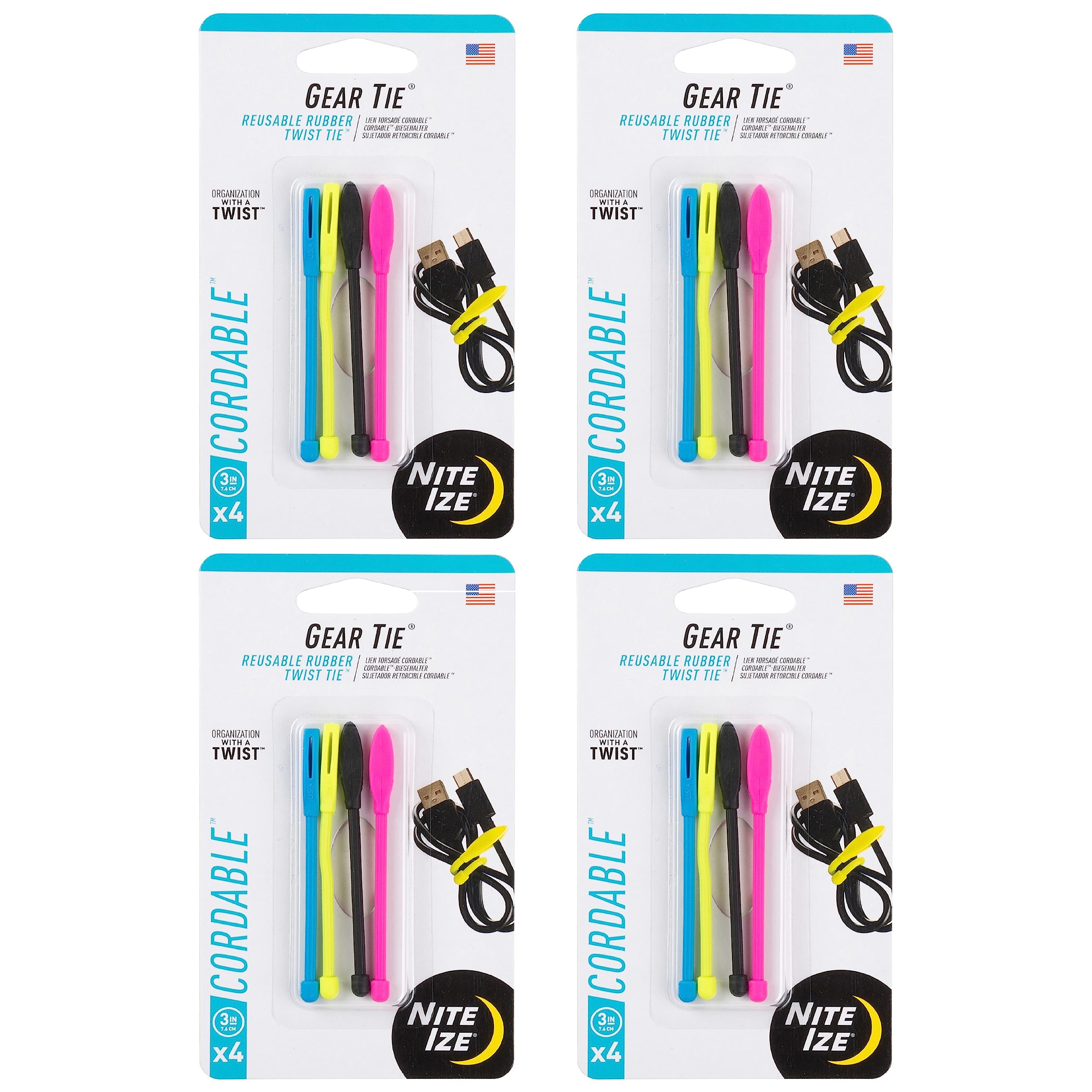Nite Ize Gear Tie Cordable Twist Tie - Flexible Ties for Cord Management - Reusable Rubber Twist Ties for Wires - Waterproof & UV Resistant - Assorted