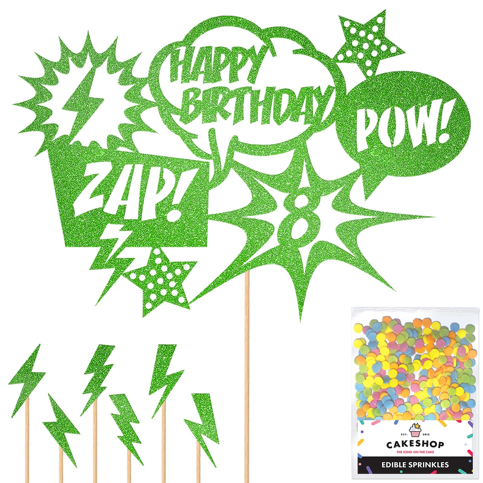 Personalised Superhero Comic Pow! Zap! Glitter Cake Topper- Green Any Custom Age Glitter Cake Decoration and Sprinkles - Happy Birthday Decorations - Personalised Toppers for Cakes by Cakeshop