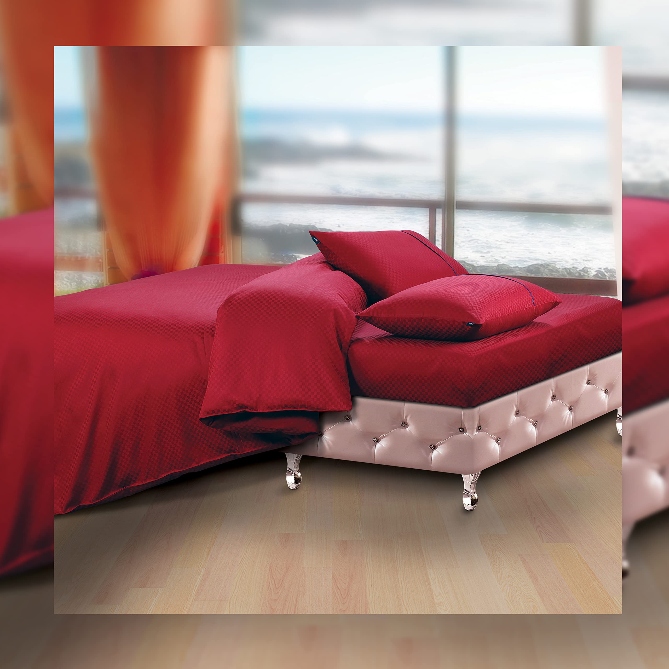 Spread Spain Oxford Cotton 400 Thread Count Soft Comfort Morden Design Bedsheets for Double Bed Fitted Bedsheet with 2 Pillow Covers Burgundy (72" x 78" + 12" Inch)