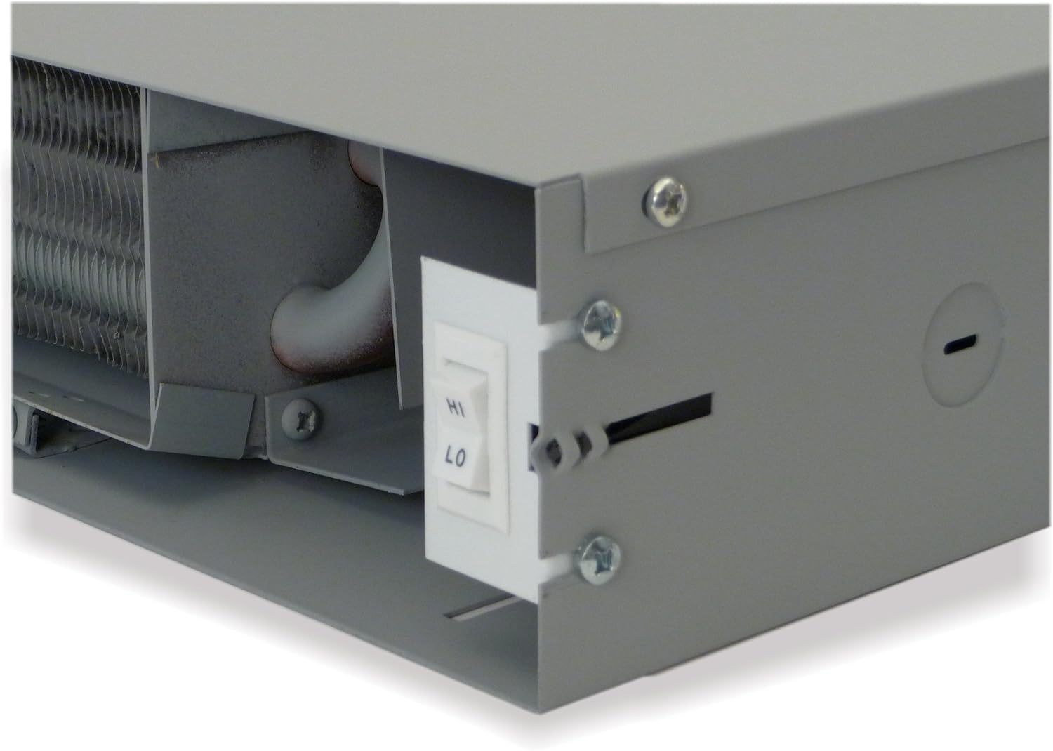 Avvicinamento view of the Hi/Lo fan switch and internal components of the KING HT612 Hydronic Kickspace Heater.